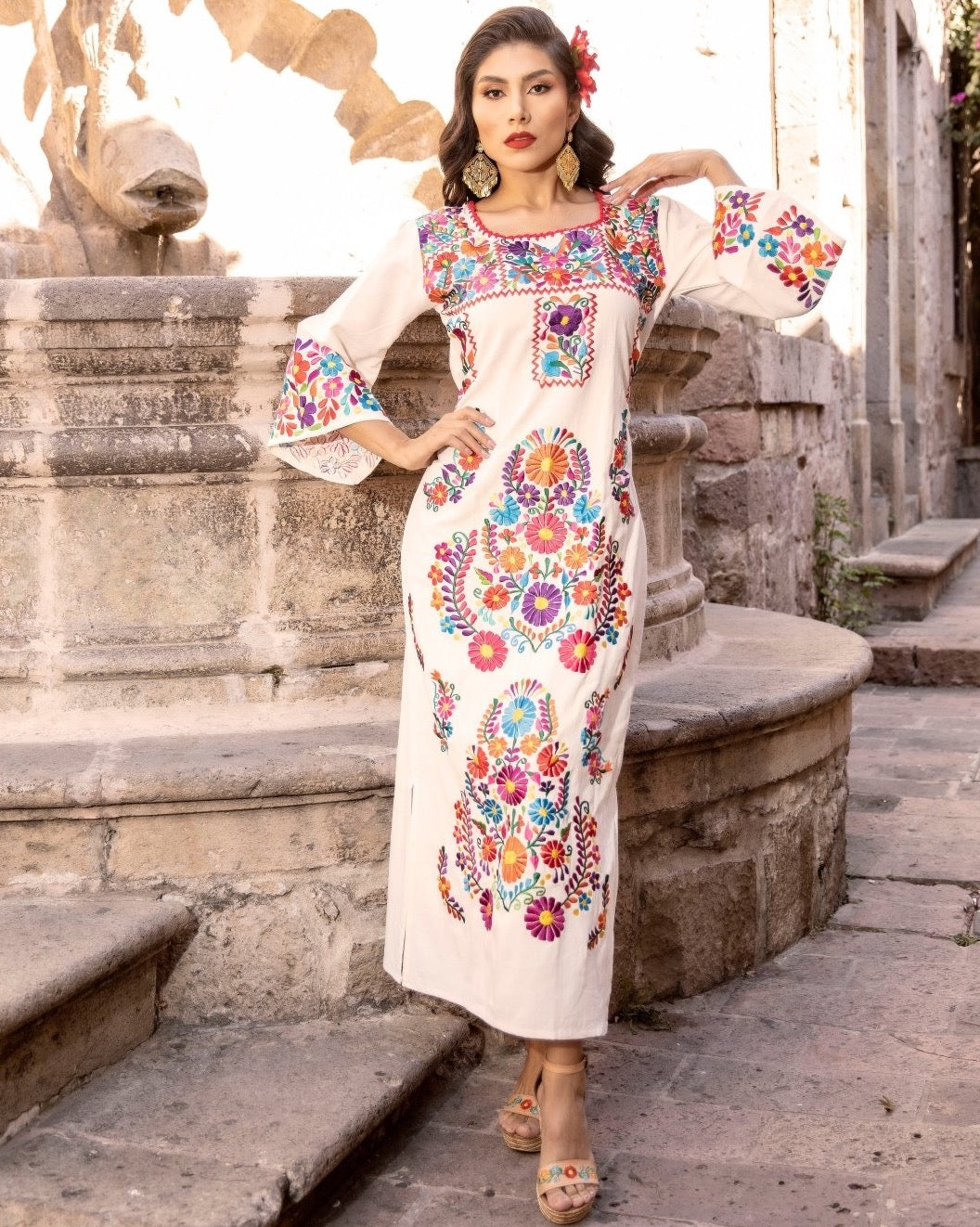 Floral Embroidered Traditional Mexican Dress in Beige
