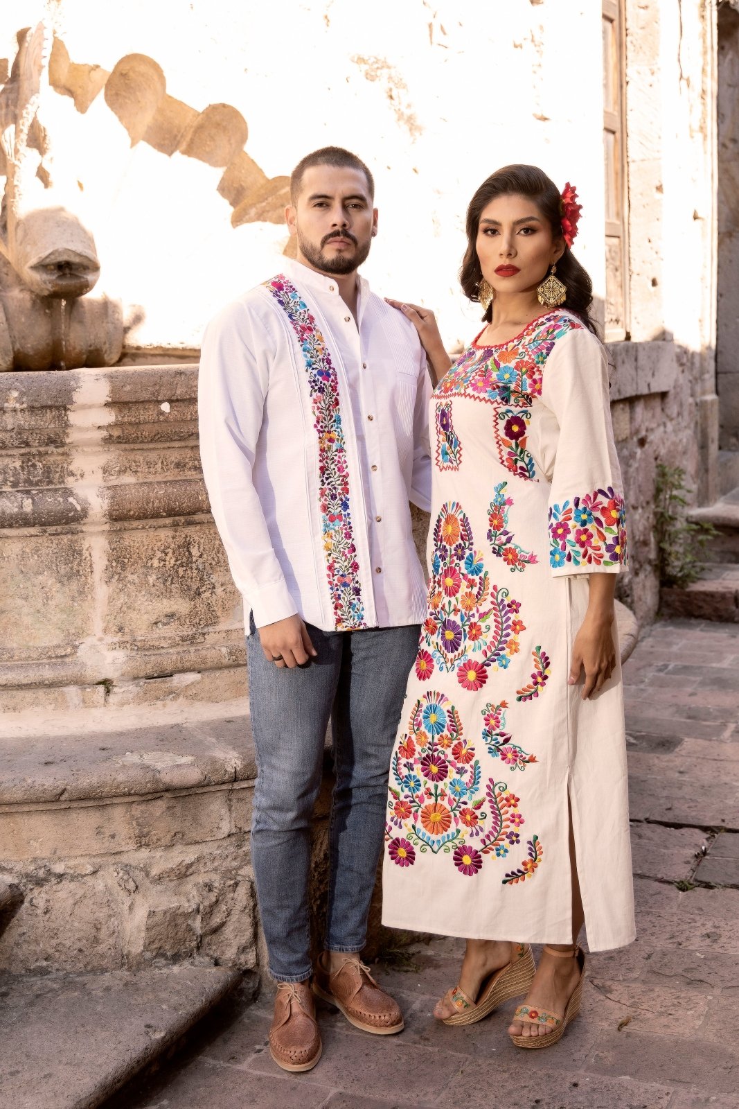 Floral Embroidered Traditional Mexican Dress in Beige