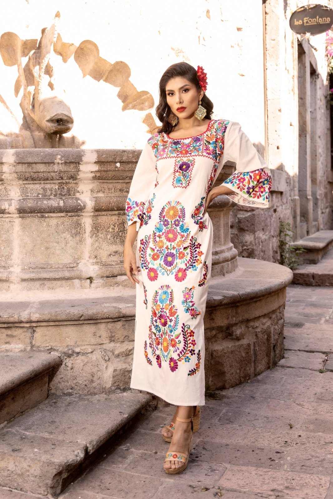 Floral Embroidered Traditional Mexican Dress in Beige