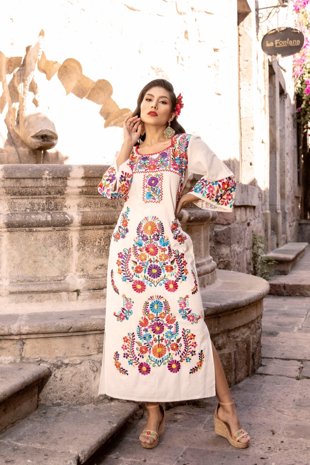 Floral Embroidered Traditional Mexican Dress in Beige