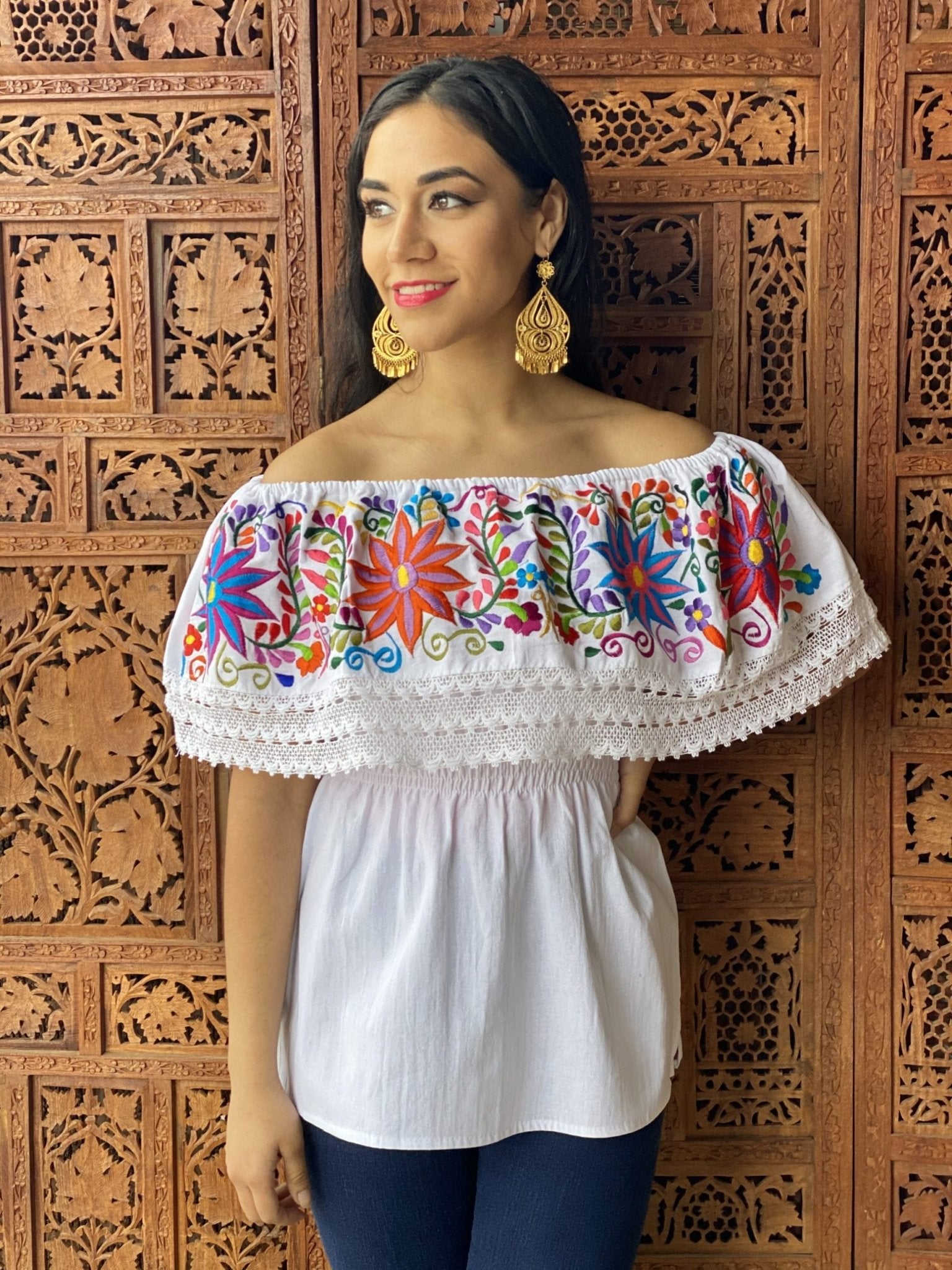 Charissa Blouse Elastic high waist off shoulders peasant blouse, lace details, colorful flower embroidery handmade - Solei Store