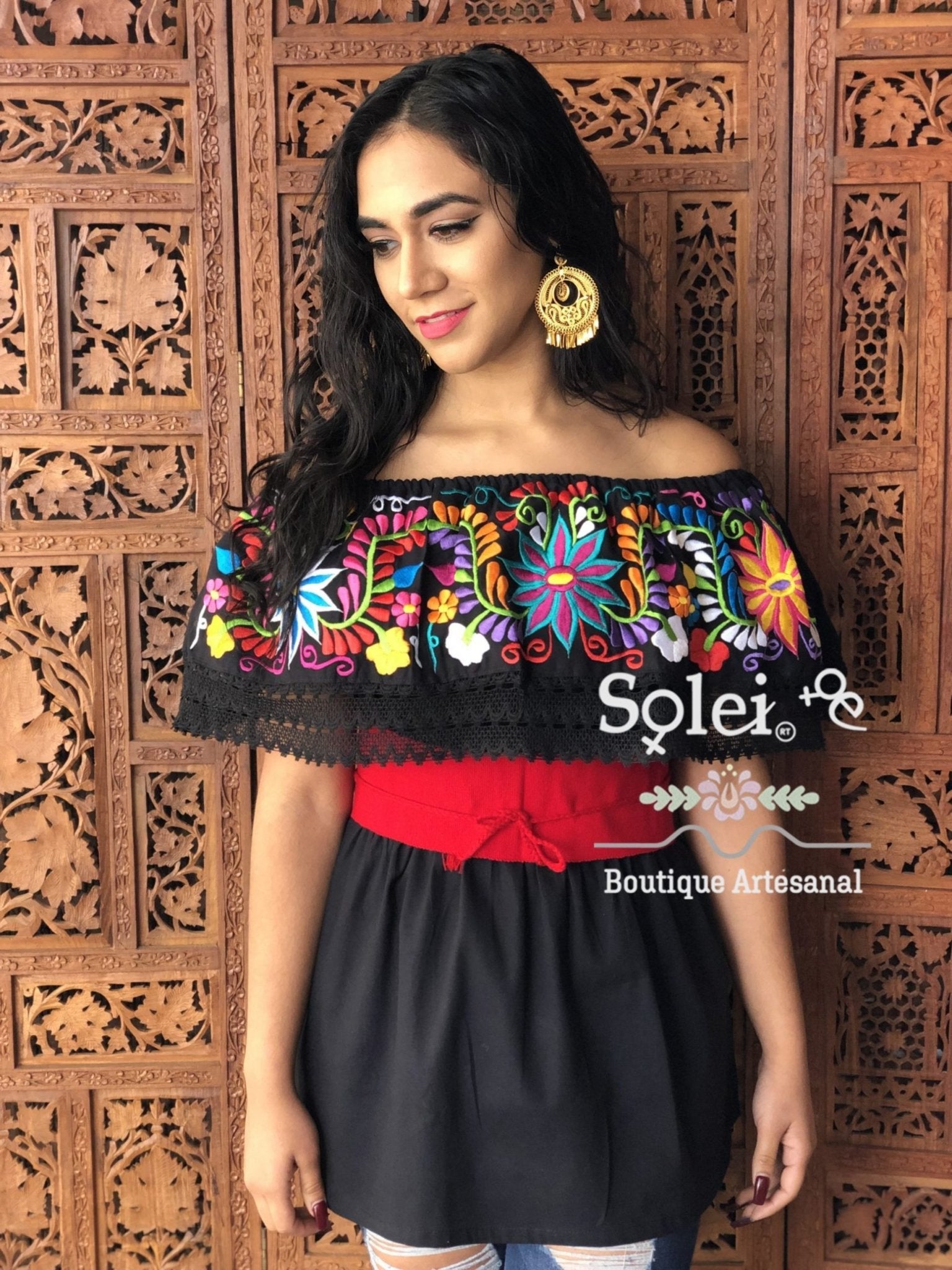Charissa Blouse Elastic high waist off shoulders peasant blouse, lace details, colorful flower embroidery handmade - Solei Store
