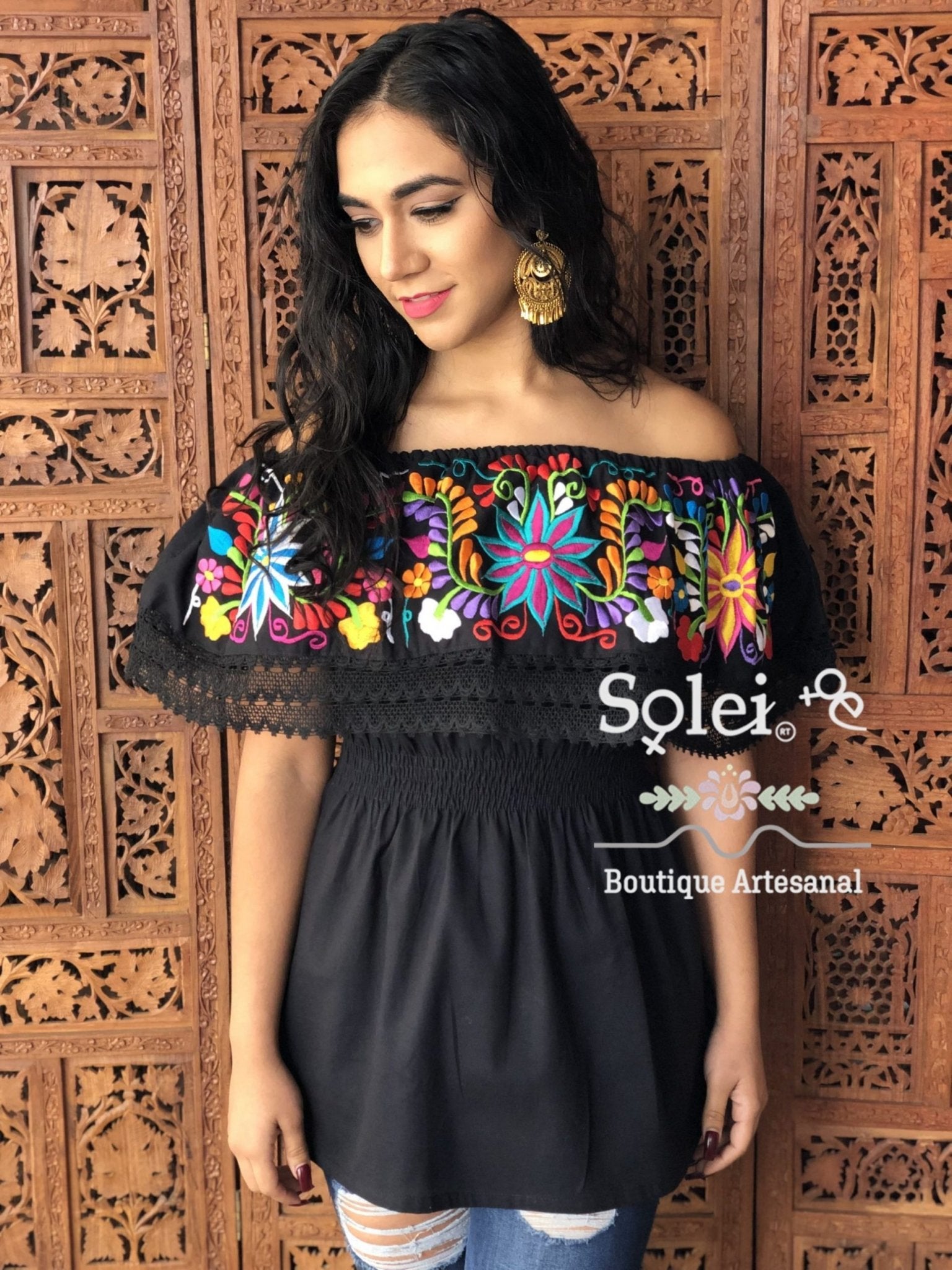 Charissa Blouse Elastic high waist off shoulders peasant blouse, lace details, colorful flower embroidery handmade - Solei Store