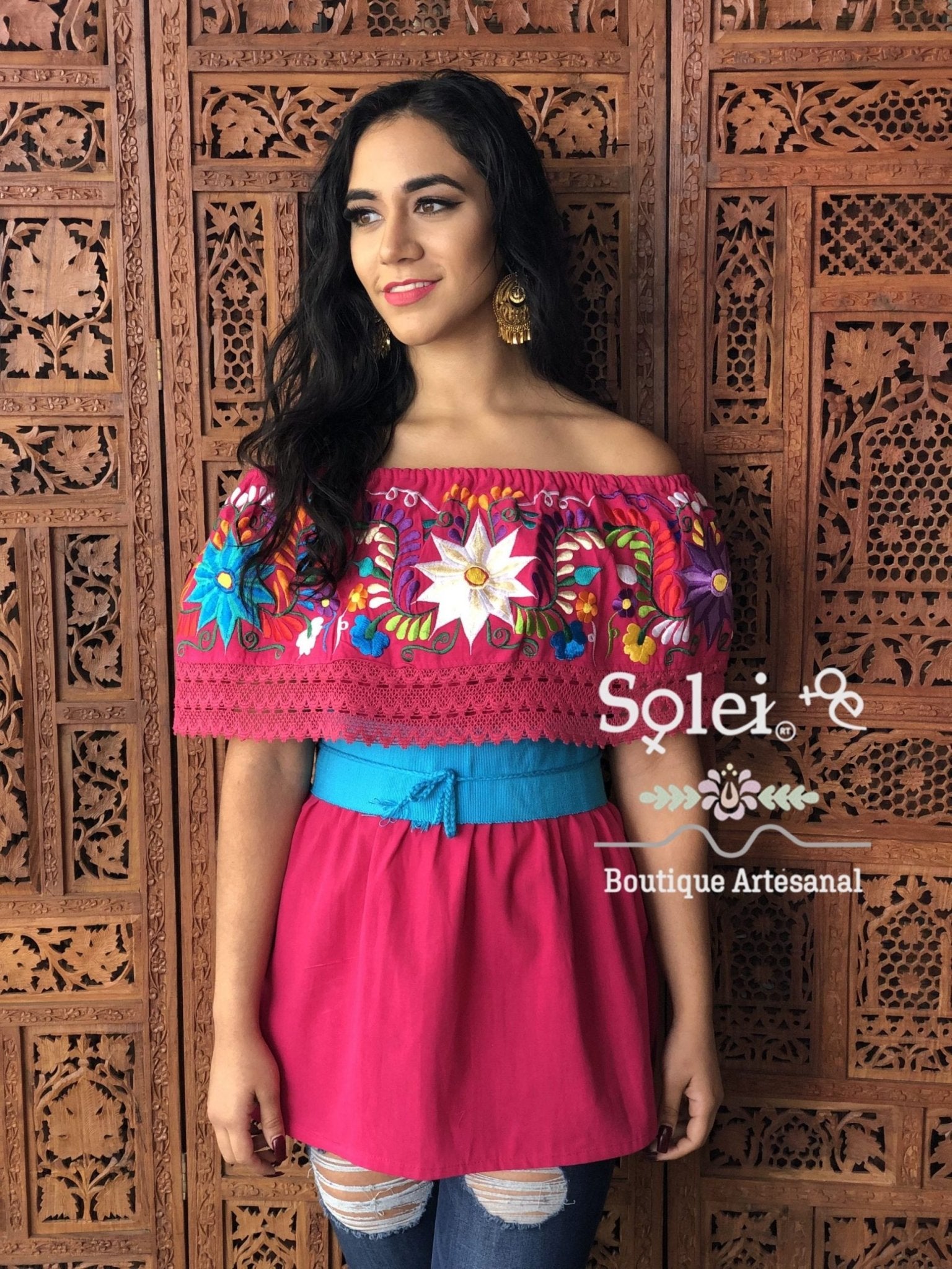 Charissa Blouse Elastic high waist off shoulders peasant blouse, lace details, colorful flower embroidery handmade - Solei Store