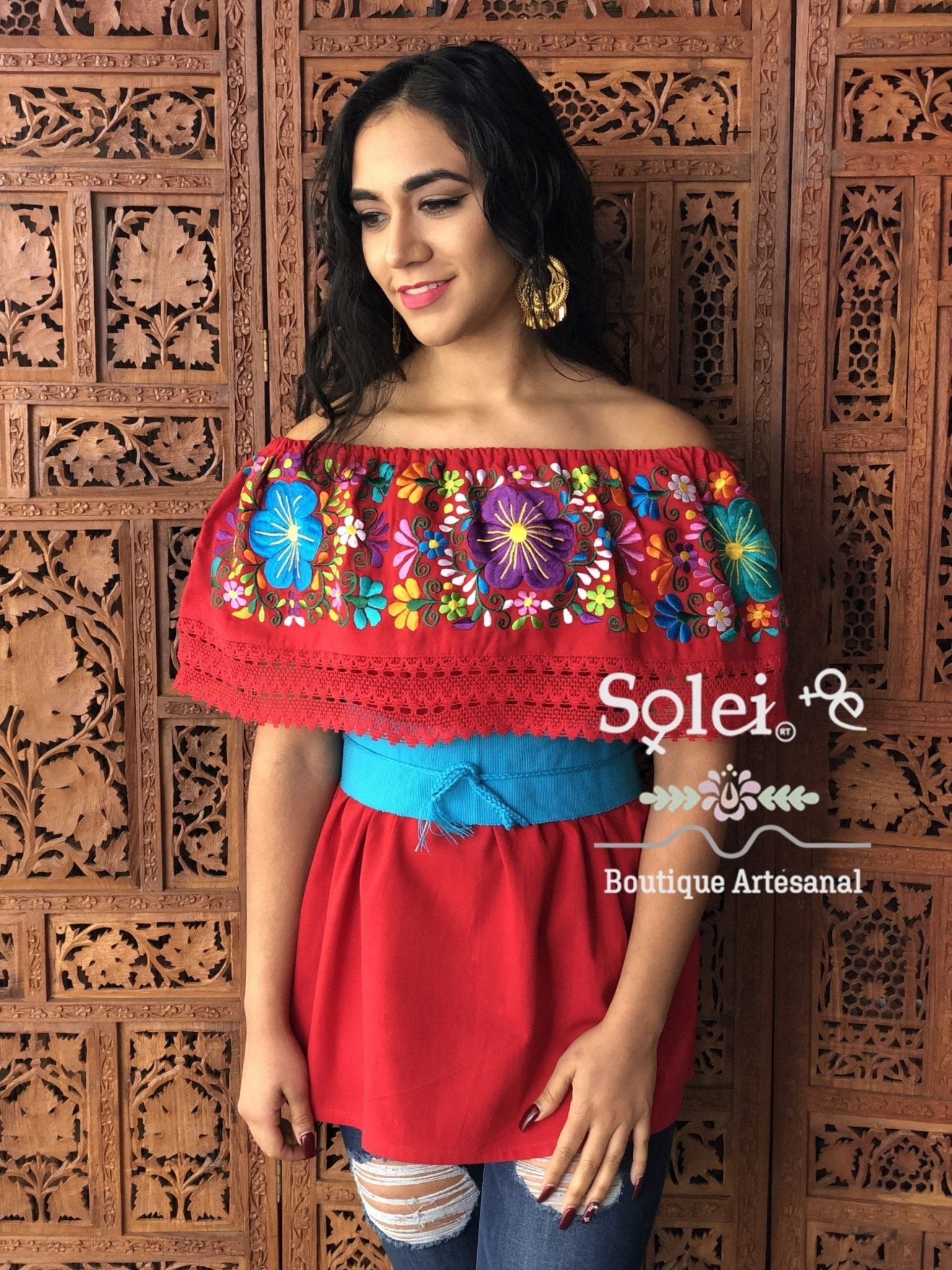 Charissa Blouse Elastic high waist off shoulders peasant blouse, lace details, colorful flower embroidery handmade - Solei Store