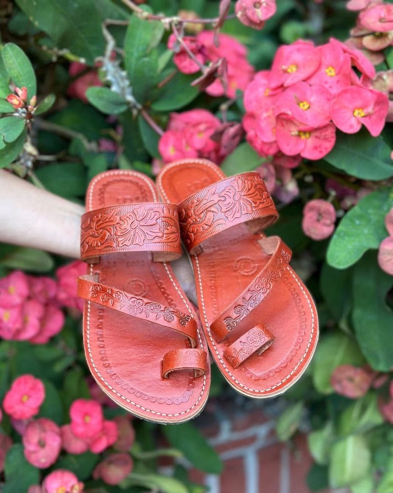 Cross Strap Sandals. Mexican Leather Sandals. Floral Stamped. Chancla Raquel - Solei Store