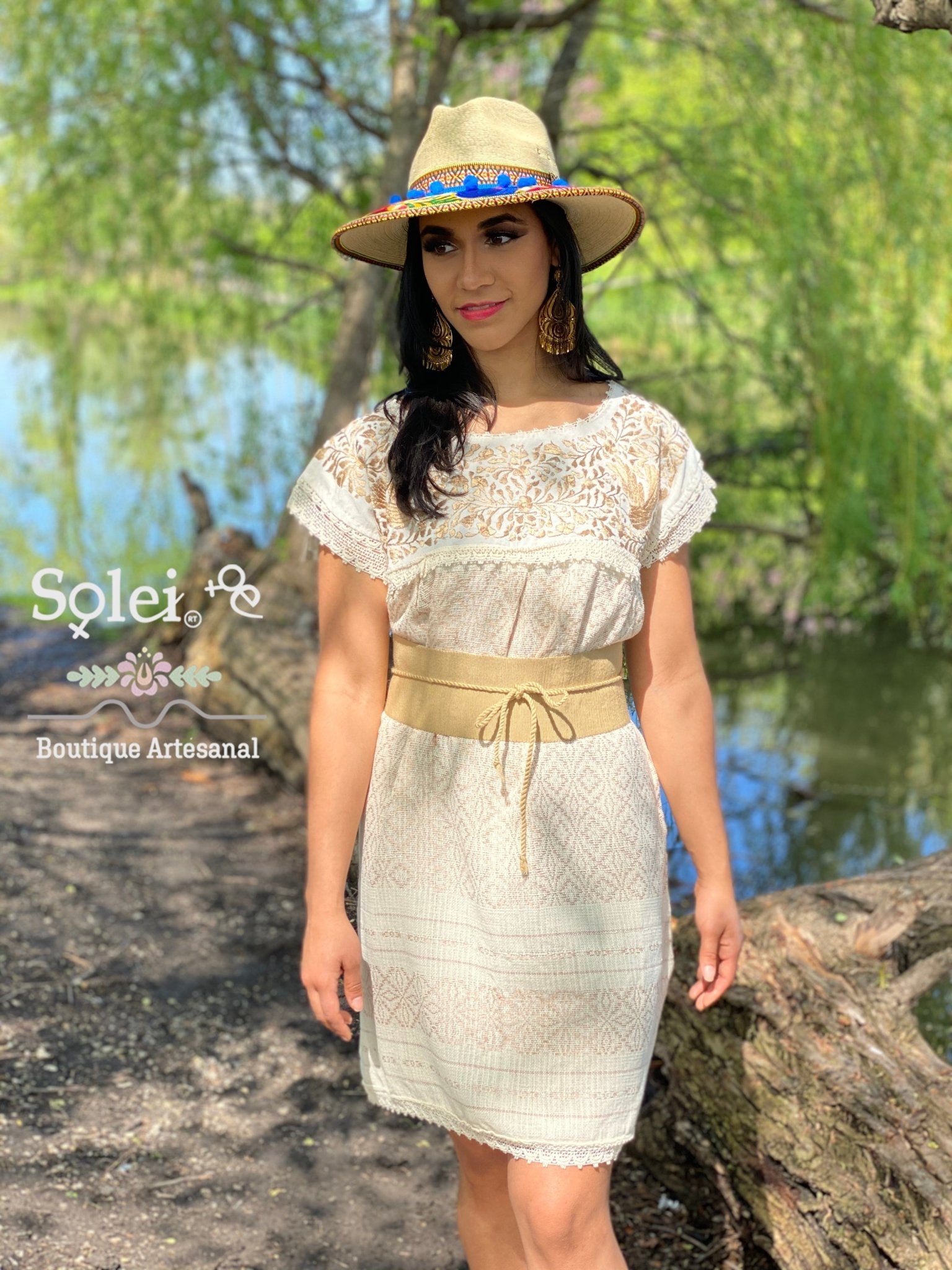 Embroidered Dress Made on a Loom. Hand Embroidered Dress. Vestido Mitla Corto (Gold) - Solei Store