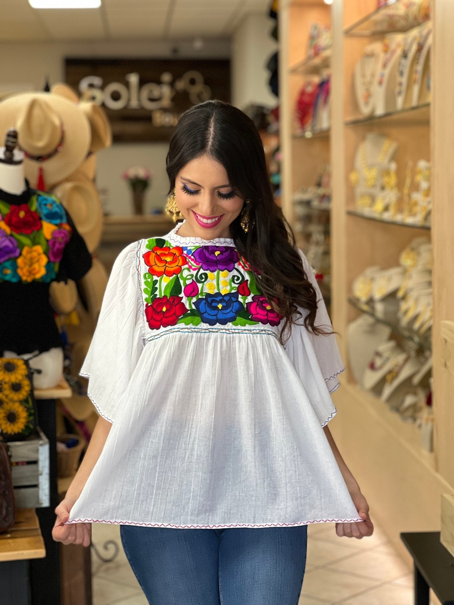 Embroidered Mexican Tunic Blouse. Luz Maria Zinacatan Blouse. - Solei Store