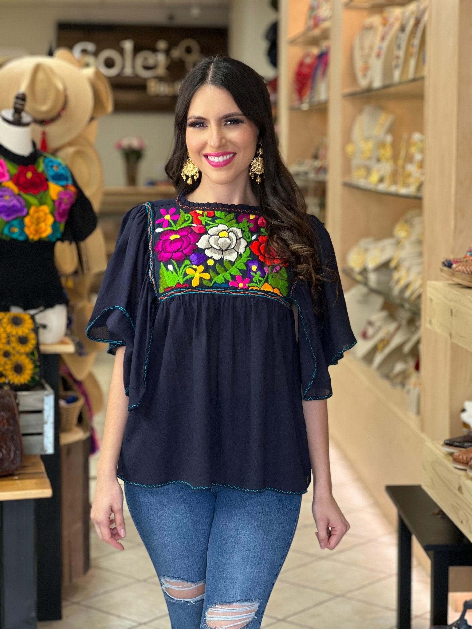 Embroidered Mexican Tunic Blouse. Luz Maria Zinacatan Blouse. - Solei Store