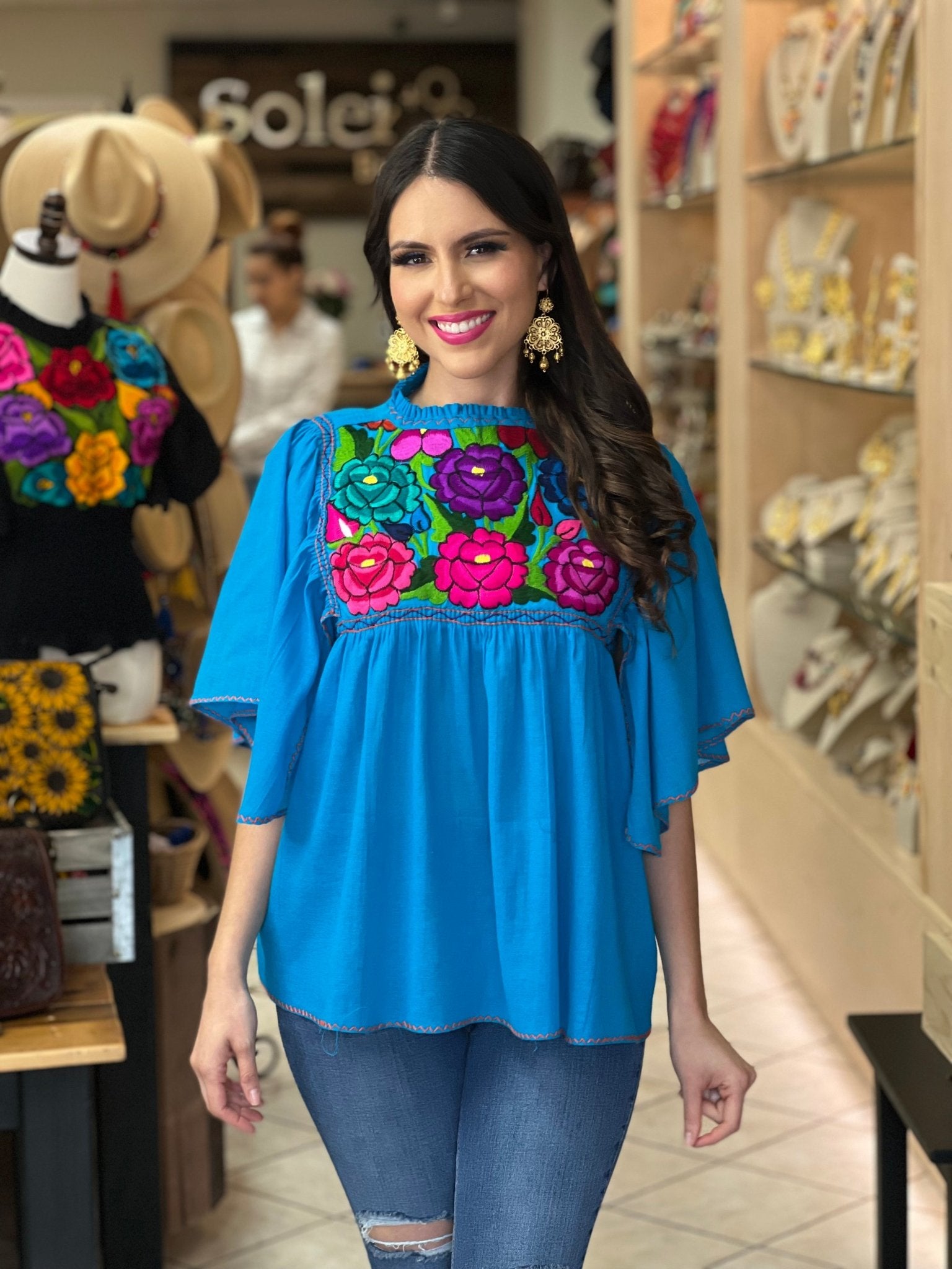 Embroidered Mexican Tunic Blouse. Luz Maria Zinacatan Blouse. - Solei Store