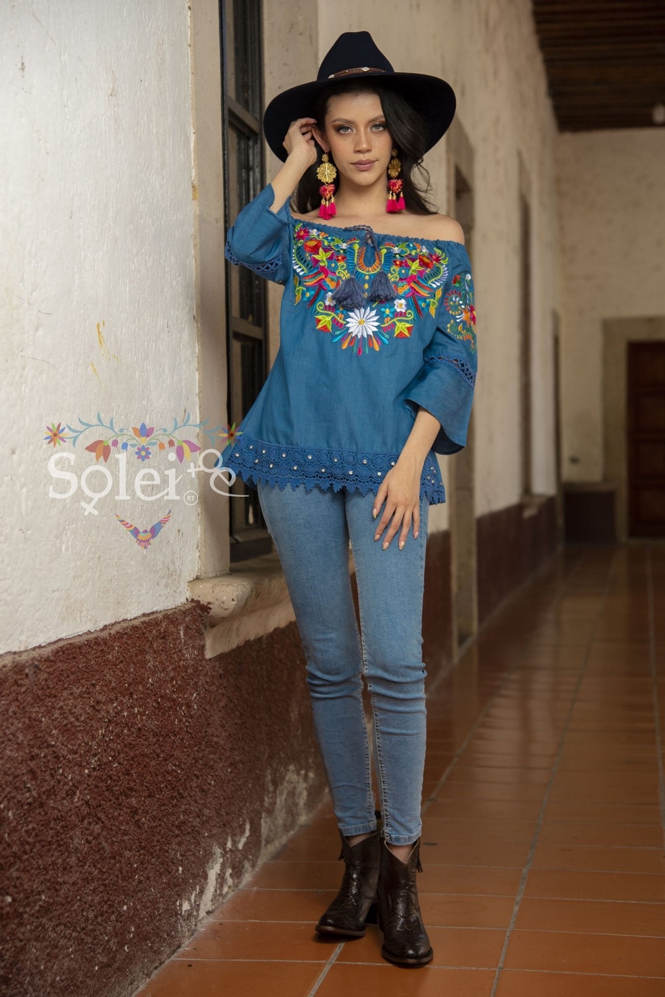 Esther Denim Off Shoulder and Bell sleeves blouse, lace details. Embroidered Mexican - Solei Store