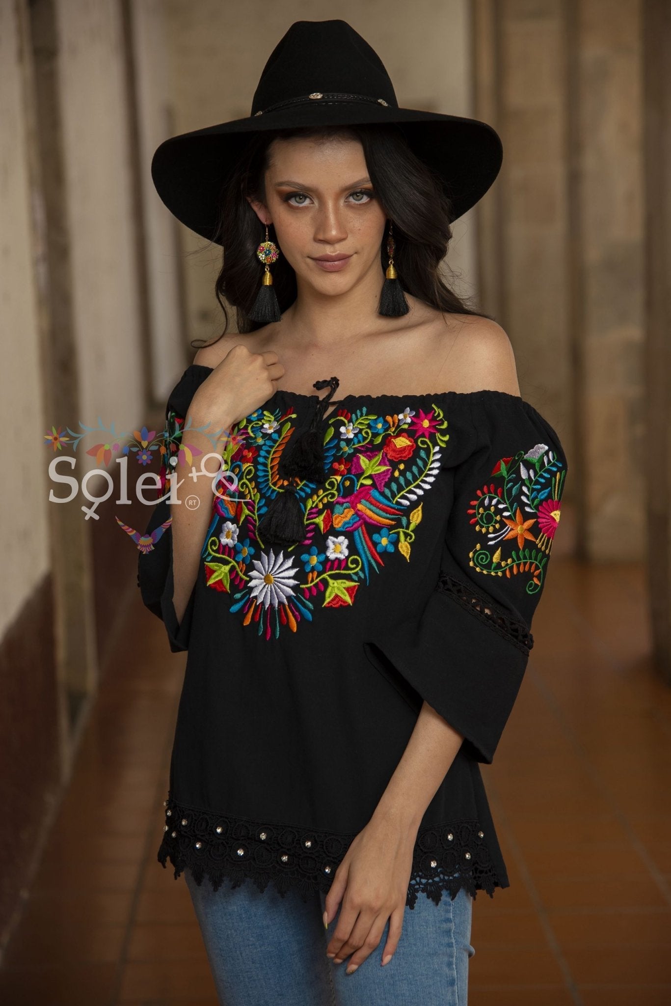 Esther Off Shoulder and Bell sleeves blouse, lace details. Embroidered Mexican. - Solei Store