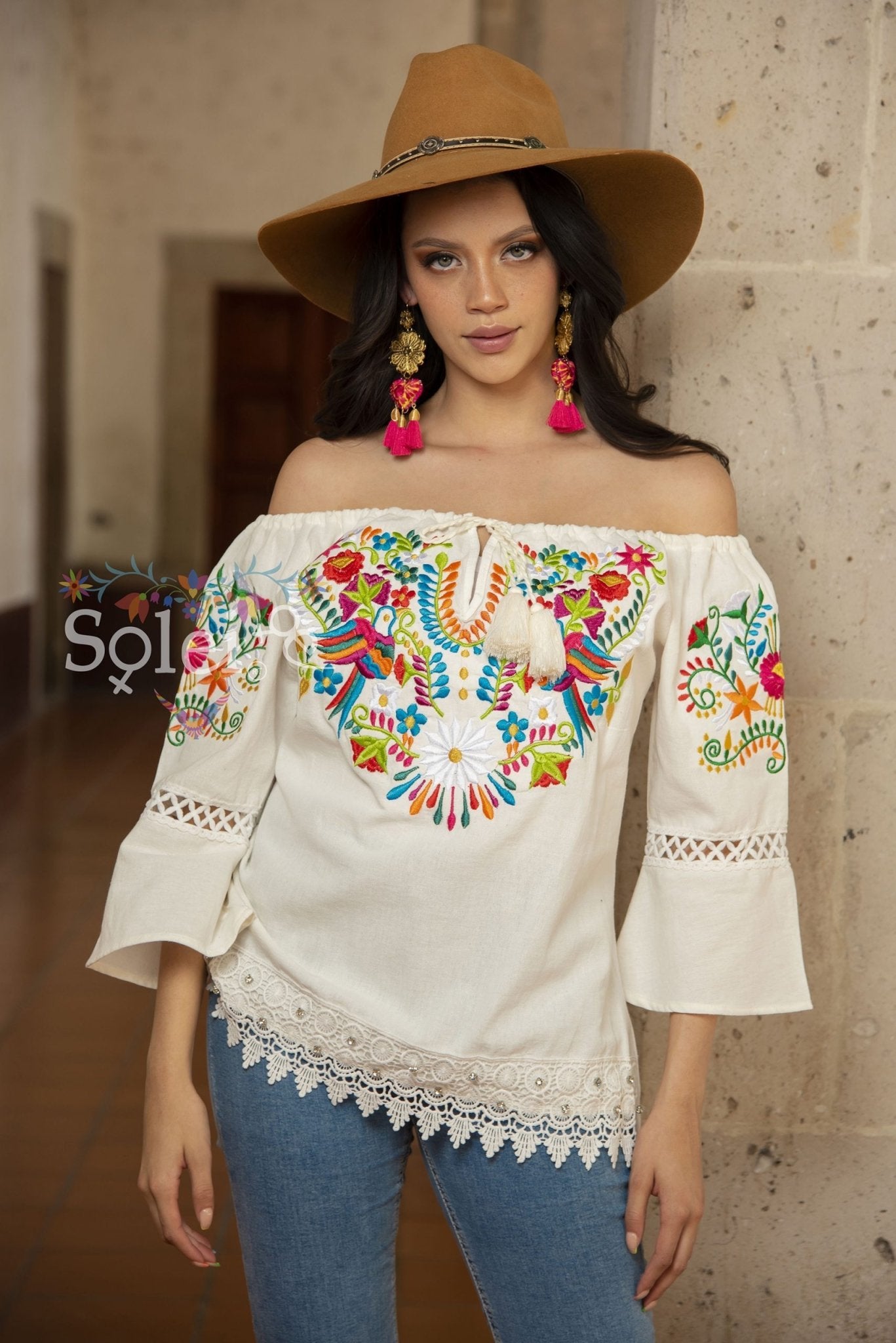 Esther Off Shoulder and Bell sleeves blouse, lace details. Embroidered Mexican. - Solei Store