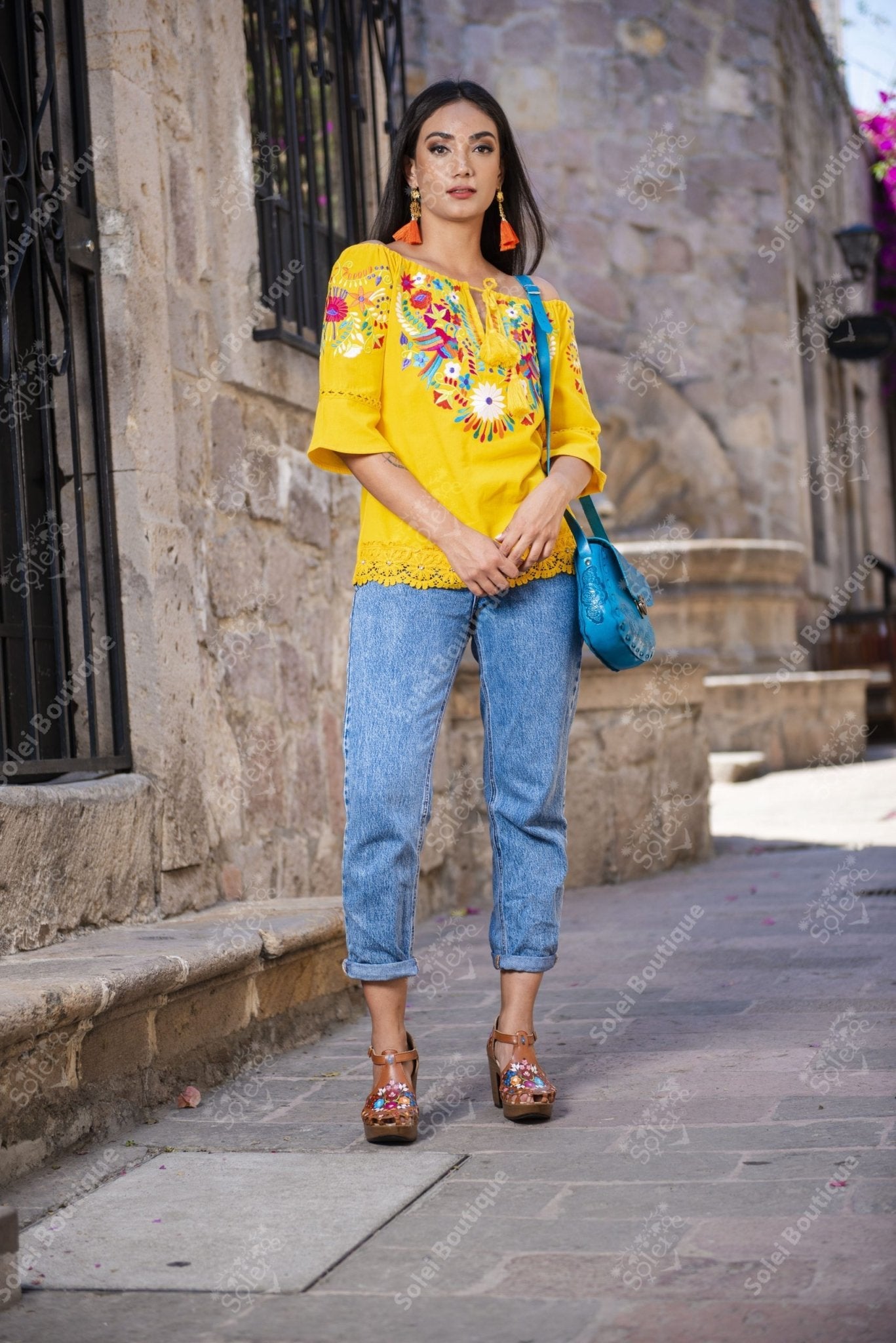 Esther Off Shoulder and Bell sleeves blouse, lace details. Embroidered Mexican. - Solei Store