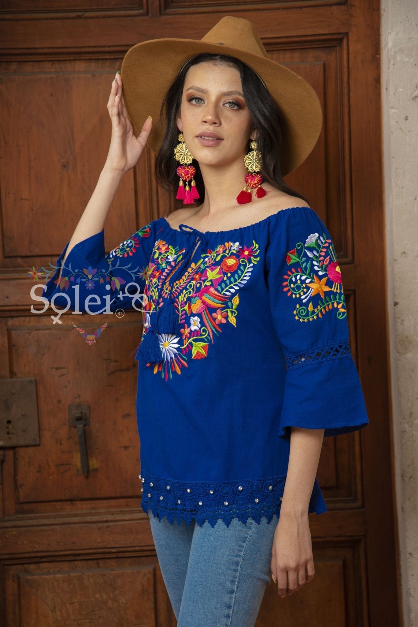 Esther Off Shoulder and Bell sleeves blouse, lace details. Embroidered Mexican. - Solei Store