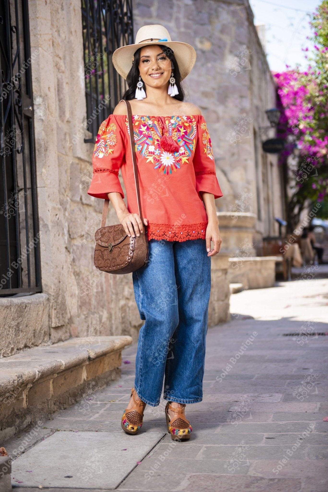 Esther Off Shoulder and Bell sleeves blouse, lace details. Embroidered Mexican. - Solei Store