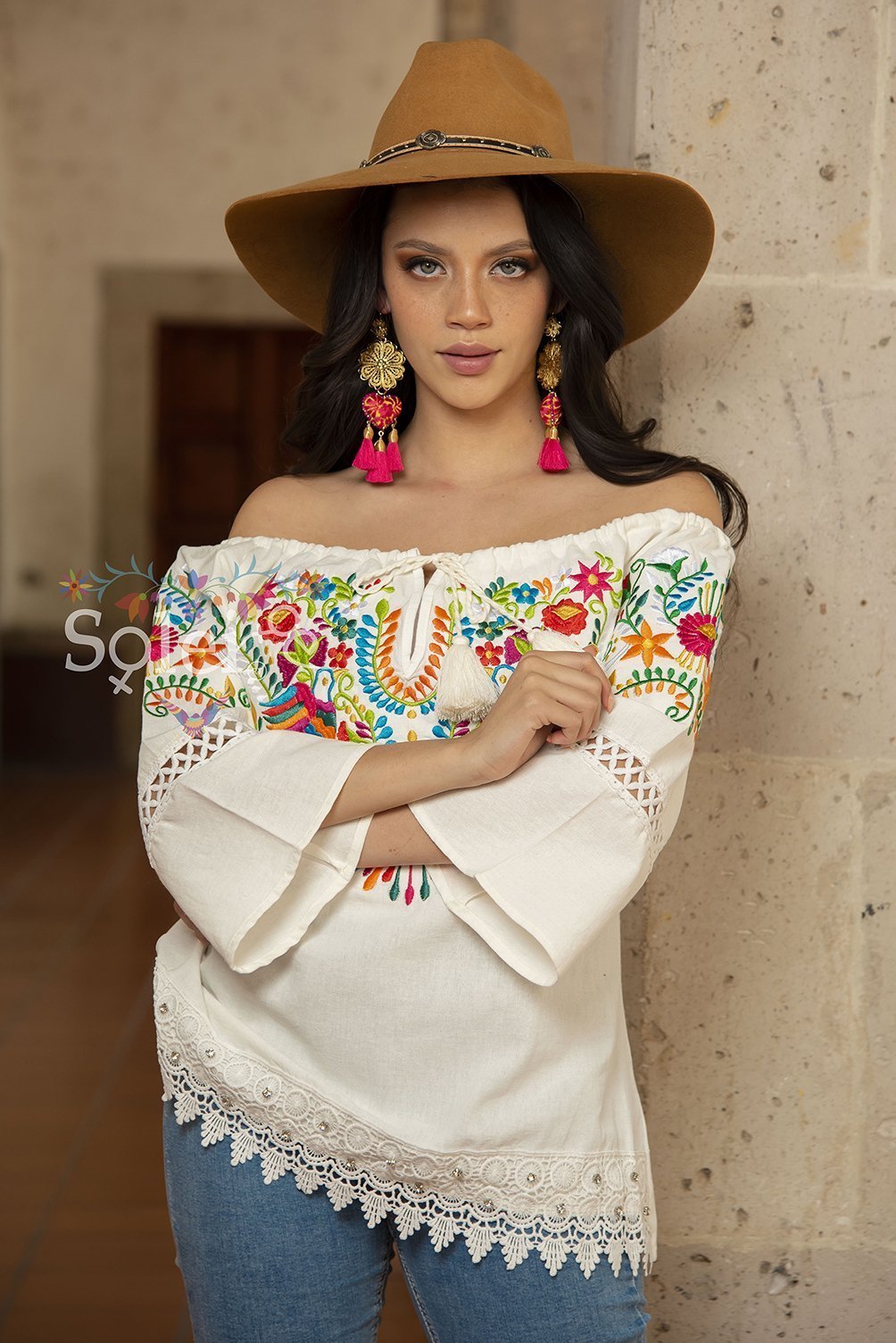 Esther Off Shoulder and Bell sleeves blouse, lace details. Embroidered Mexican. - Solei Store