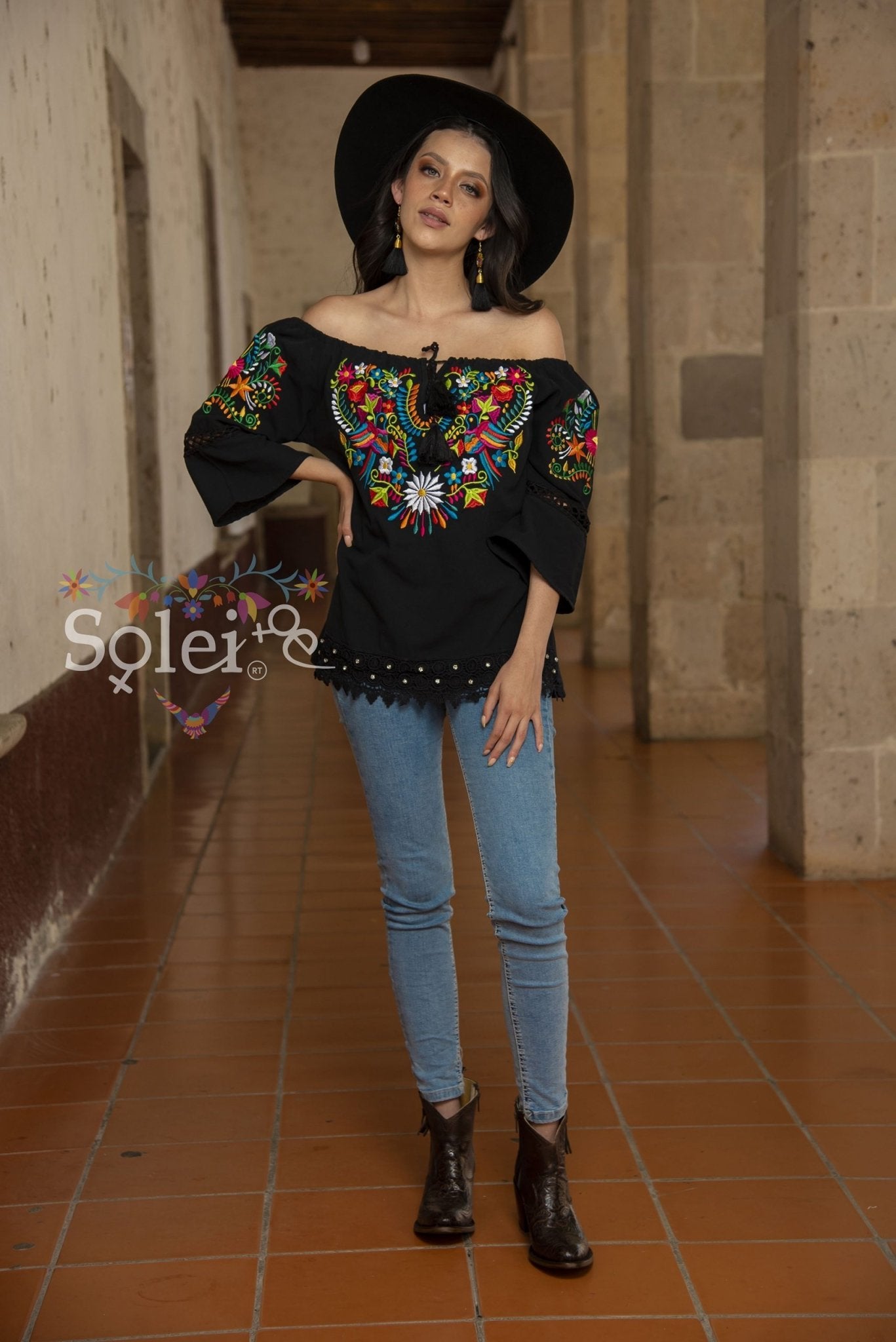 Esther Off Shoulder and Bell sleeves blouse, lace details. Embroidered Mexican. - Solei Store