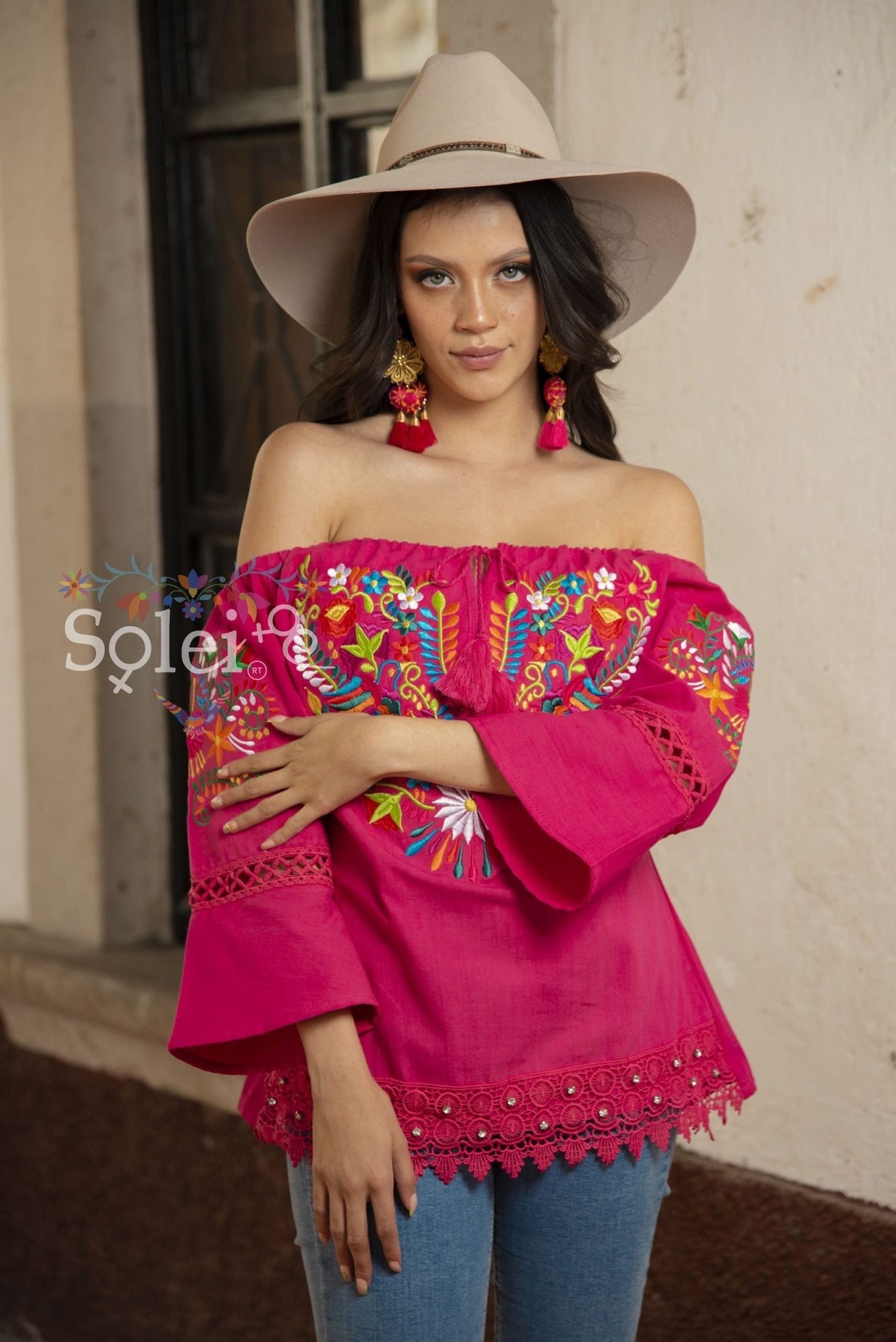 Esther Off Shoulder and Bell sleeves blouse, lace details. Embroidered Mexican. - Solei Store