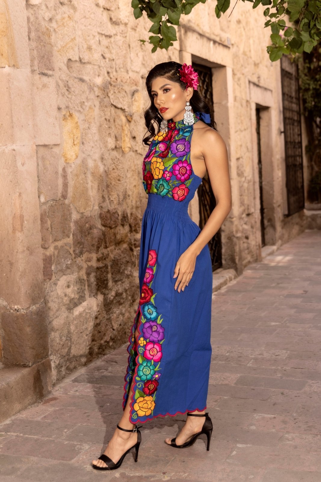 Mexican Embroidered Halter Dress in Royal Blue with multicolor embroidery.