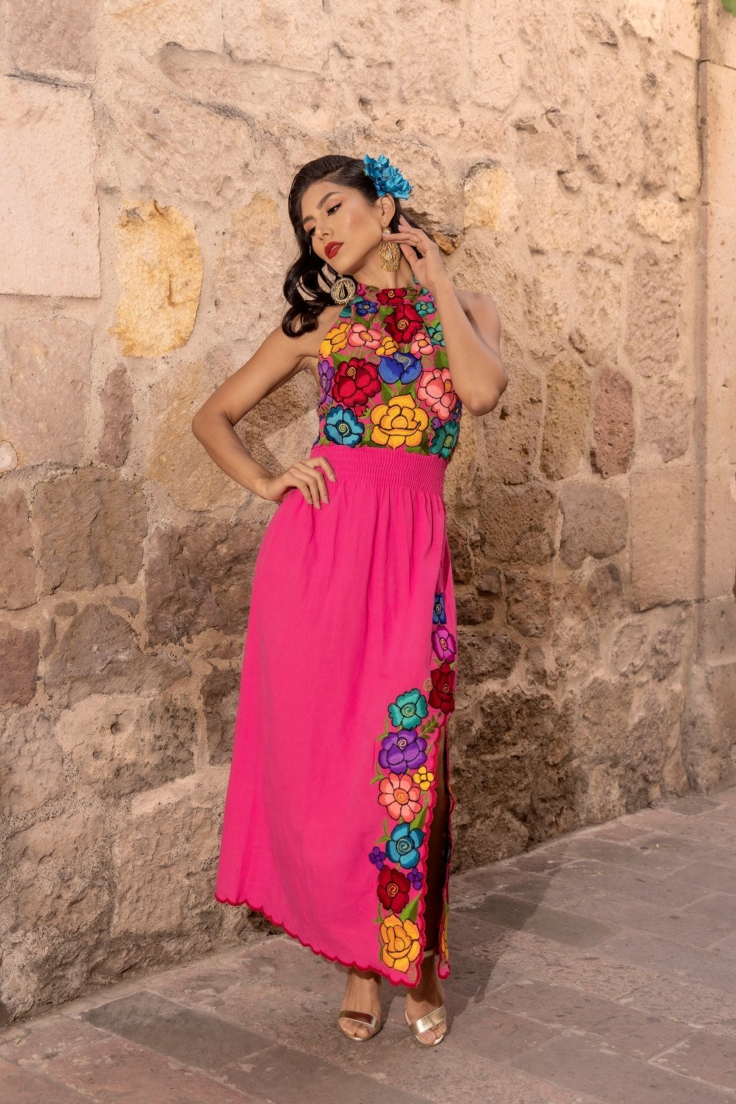Mexican Embroidered Halter Dress in Fuchsia with multicolor embroidery.