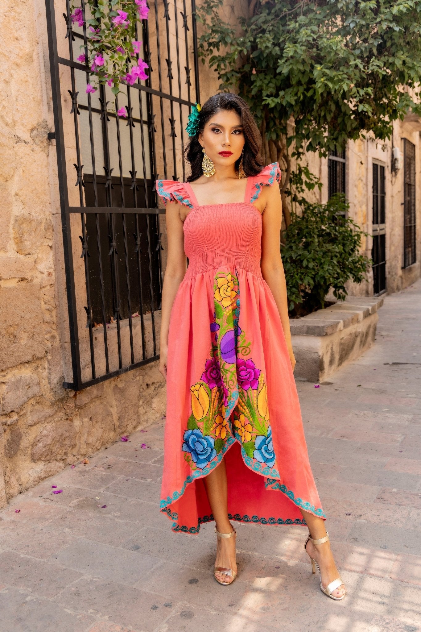 Floral Embroidered High-Low Mexican Dress in Coral with multicolor embroidery