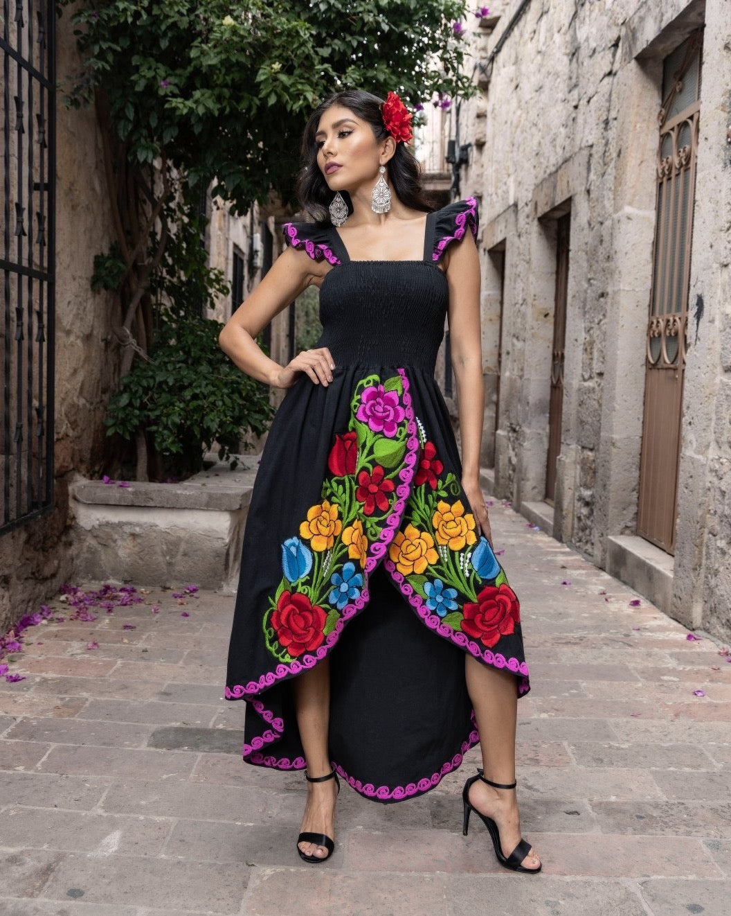 Floral Embroidered High-Low Mexican Dress in Black with multicolor embroidery