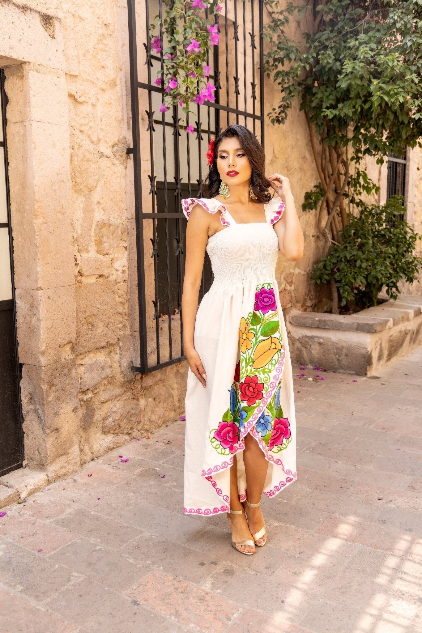 Floral Embroidered High-Low Mexican Dress in Beige with multicolor embroidery