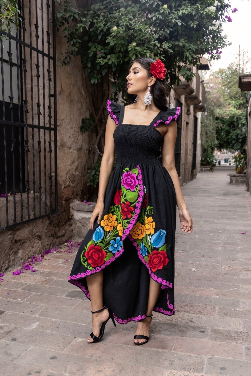 Floral Embroidered High-Low Mexican Dress in Black  with multicolor embroidery