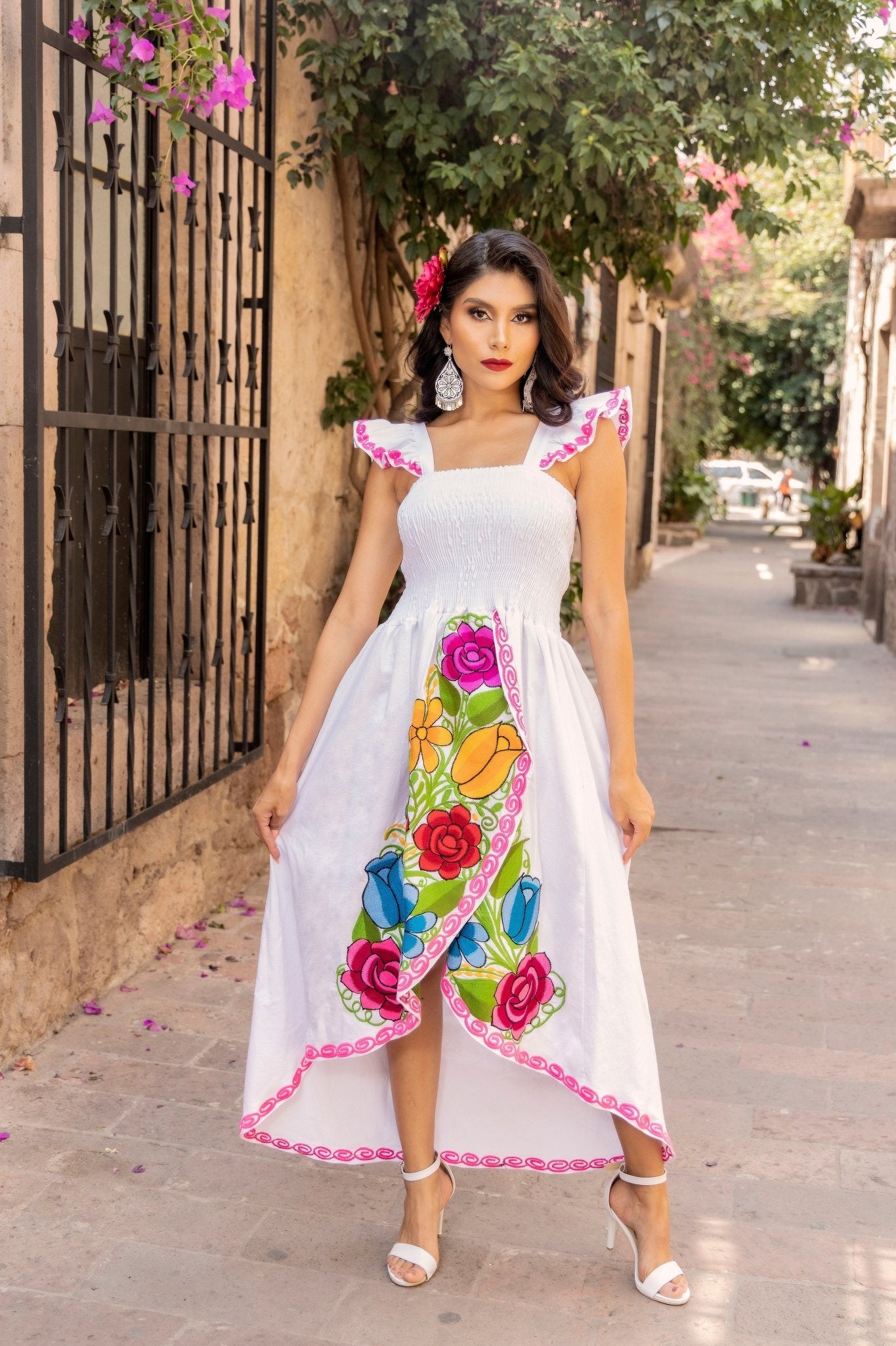 Floral Embroidered High-Low Mexican Dress in White with multicolor embroidery