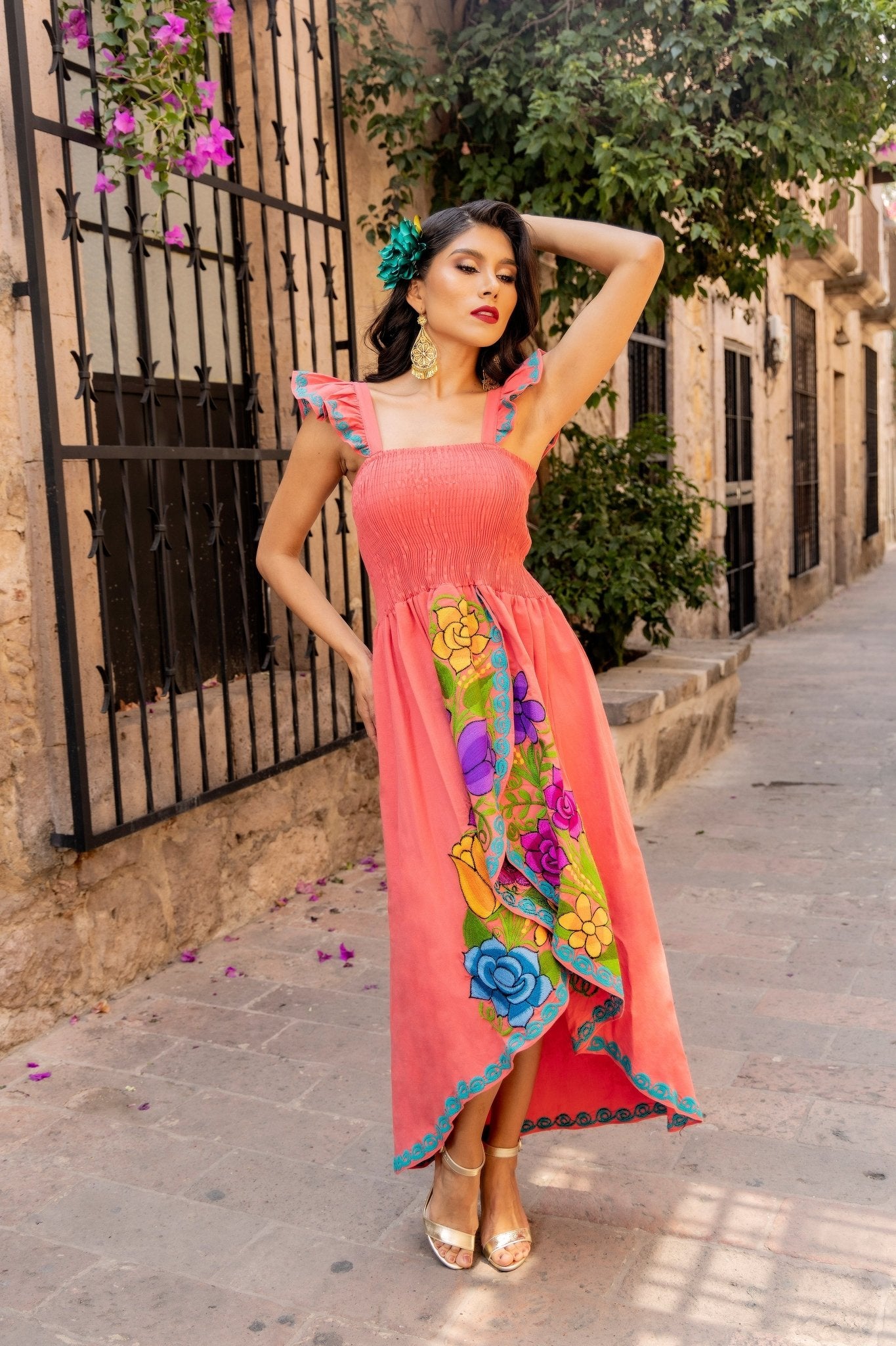 Floral Embroidered High-Low Mexican Dress in Coral with multicolor embroidery