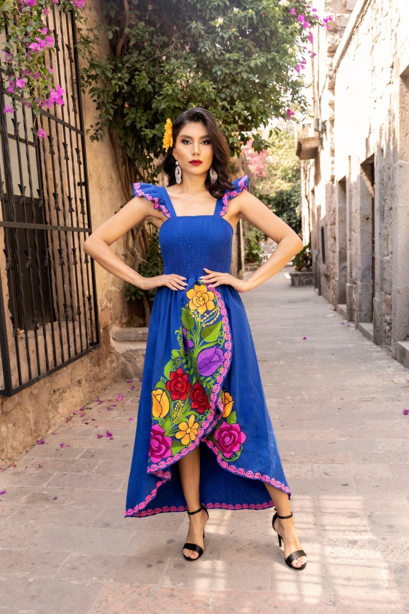 Floral Embroidered High-Low Mexican Dress in Royal Blue with multicolor embroidery