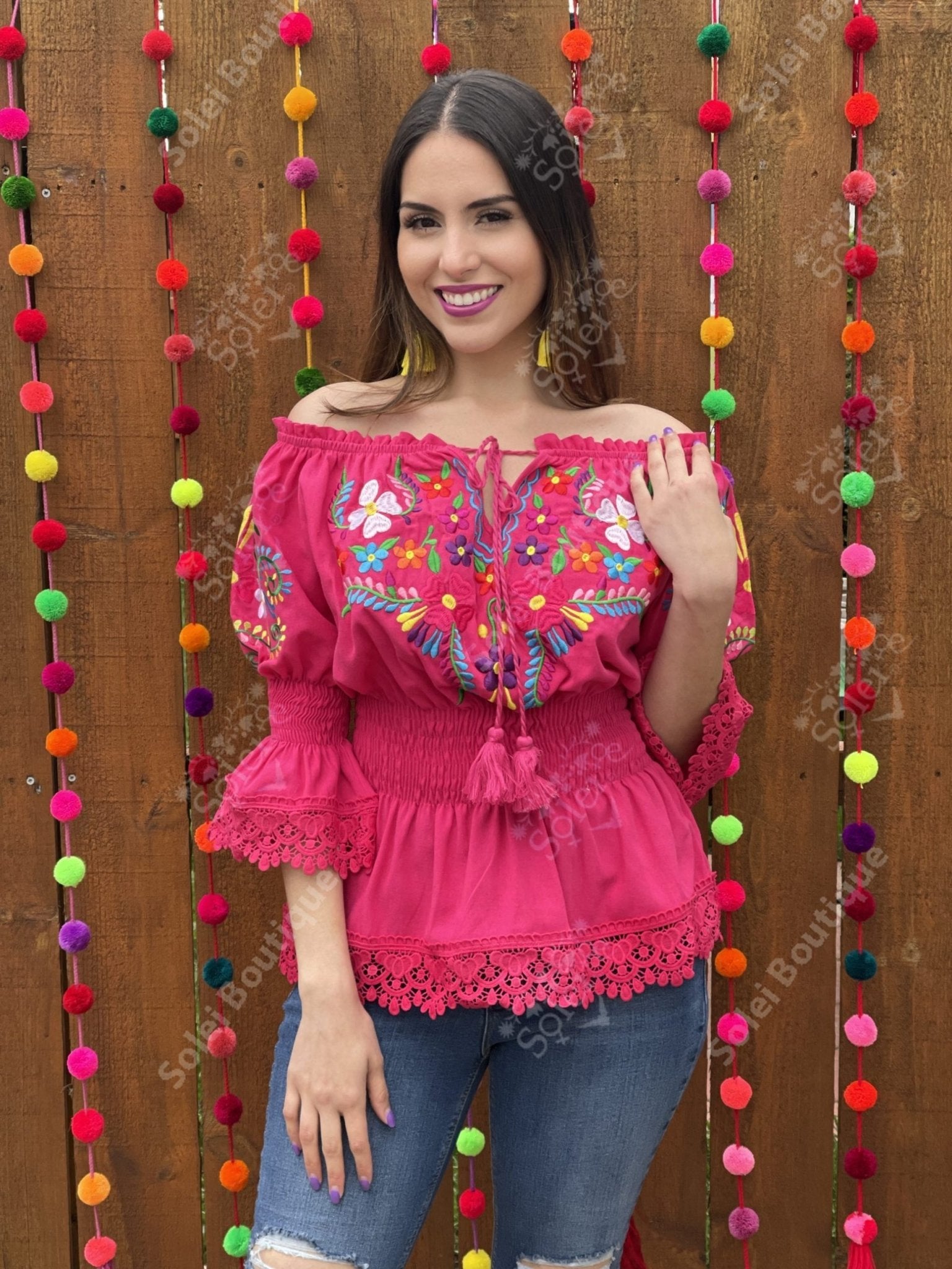 Floral Embroidered Bell Sleeve Mexican Blouse - Solei Store