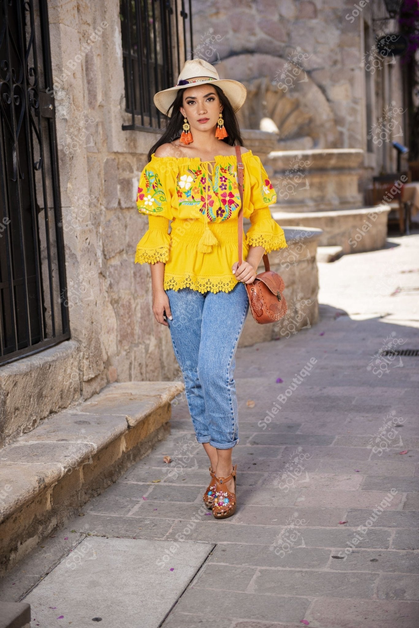 Floral Embroidered Bell Sleeve Mexican Blouse - Solei Store