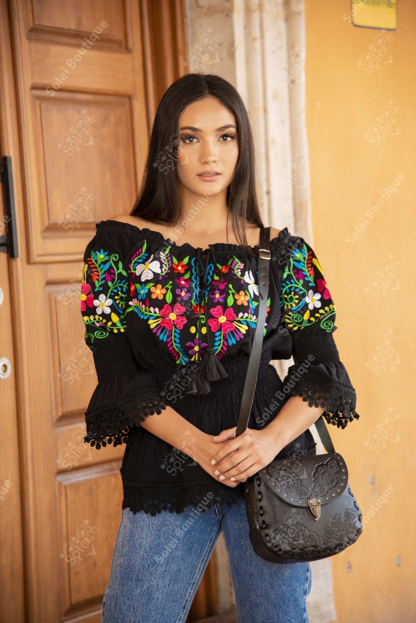 Floral Embroidered Bell Sleeve Mexican Blouse - Solei Store