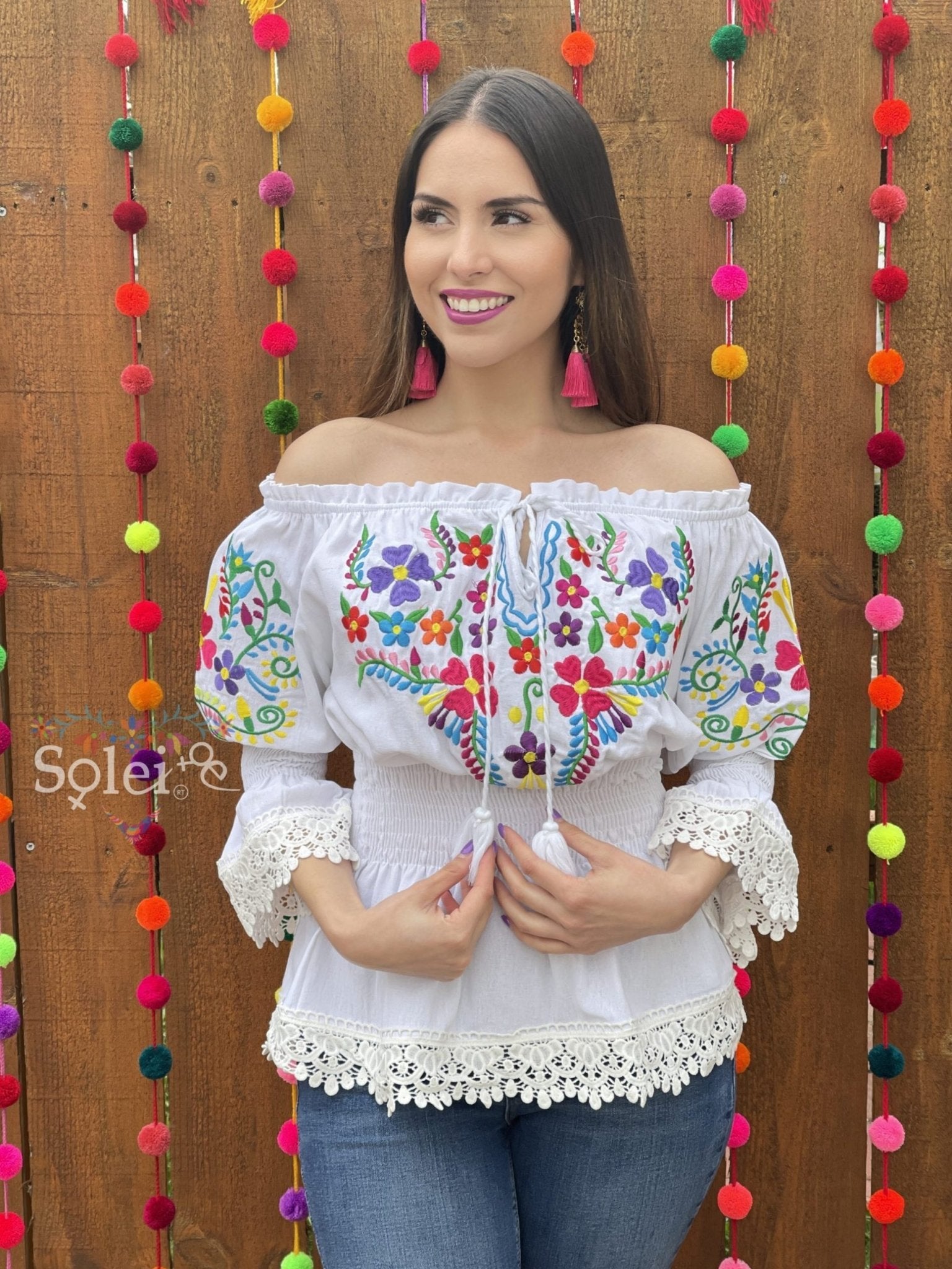 Floral Embroidered Bell Sleeve Mexican Blouse - Solei Store