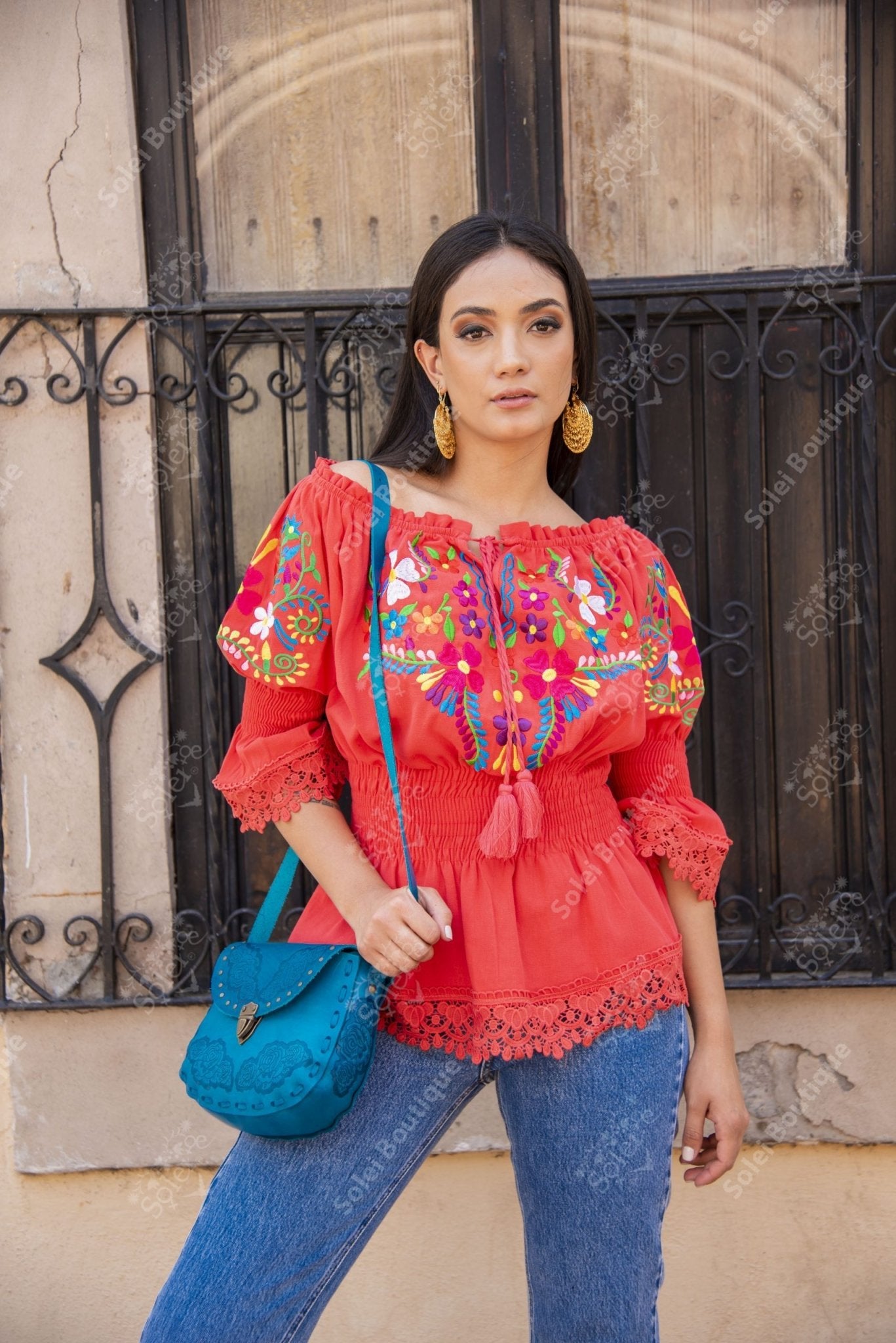 Floral Embroidered Bell Sleeve Mexican Blouse - Solei Store