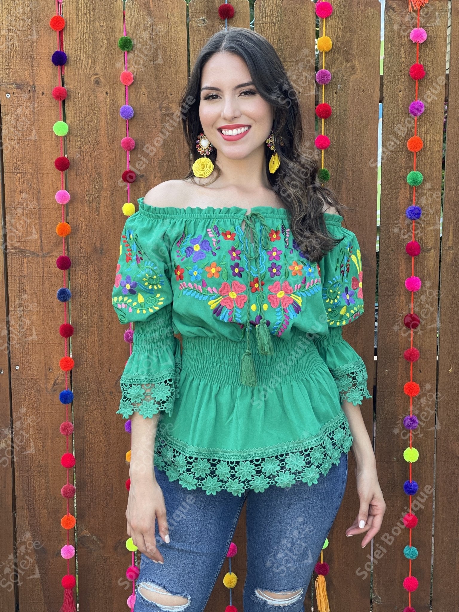 Floral Embroidered Bell Sleeve Mexican Blouse - Solei Store