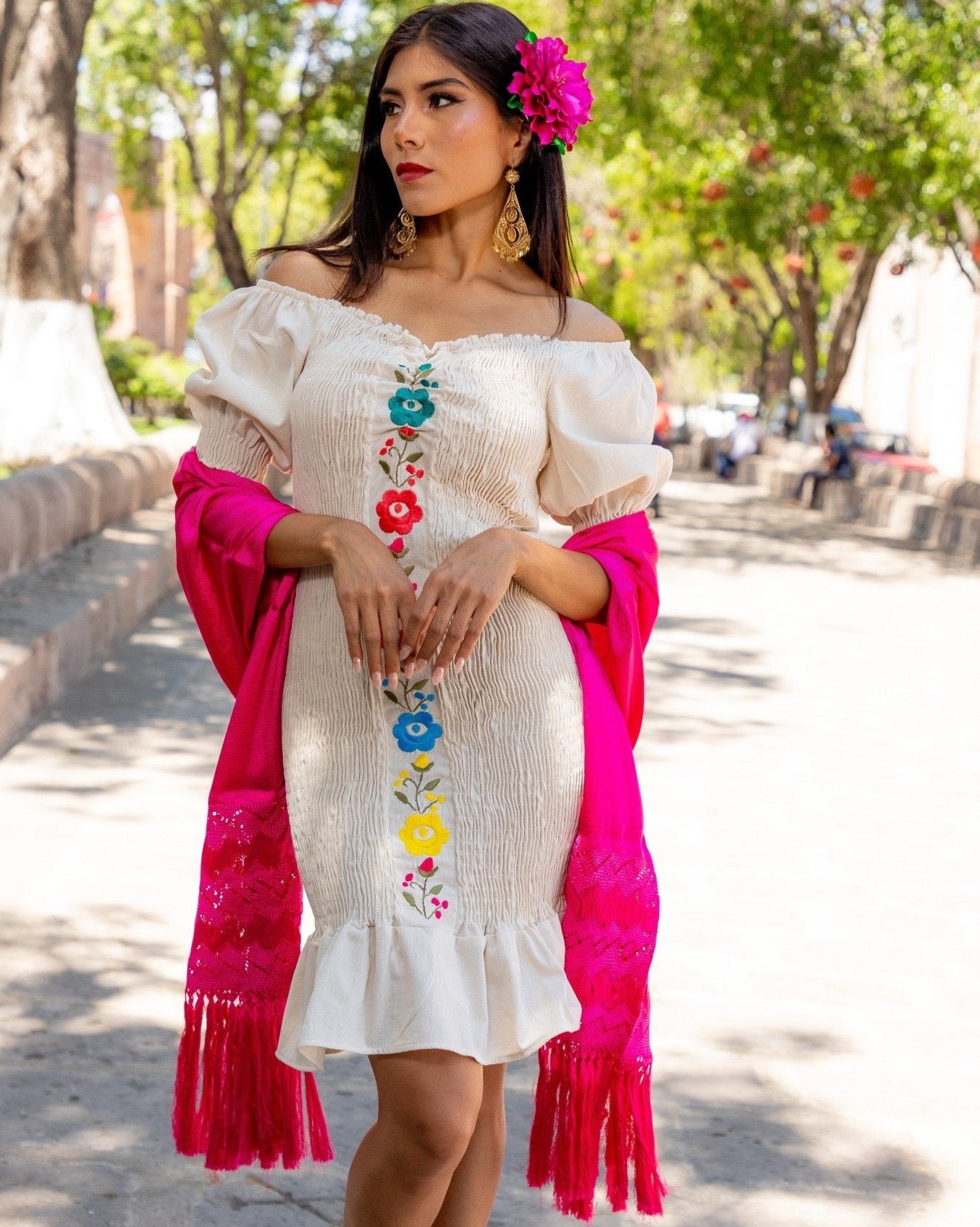 Floral Embroidered Bodycon Mexican Dress in Beige with multicolor embroidery.