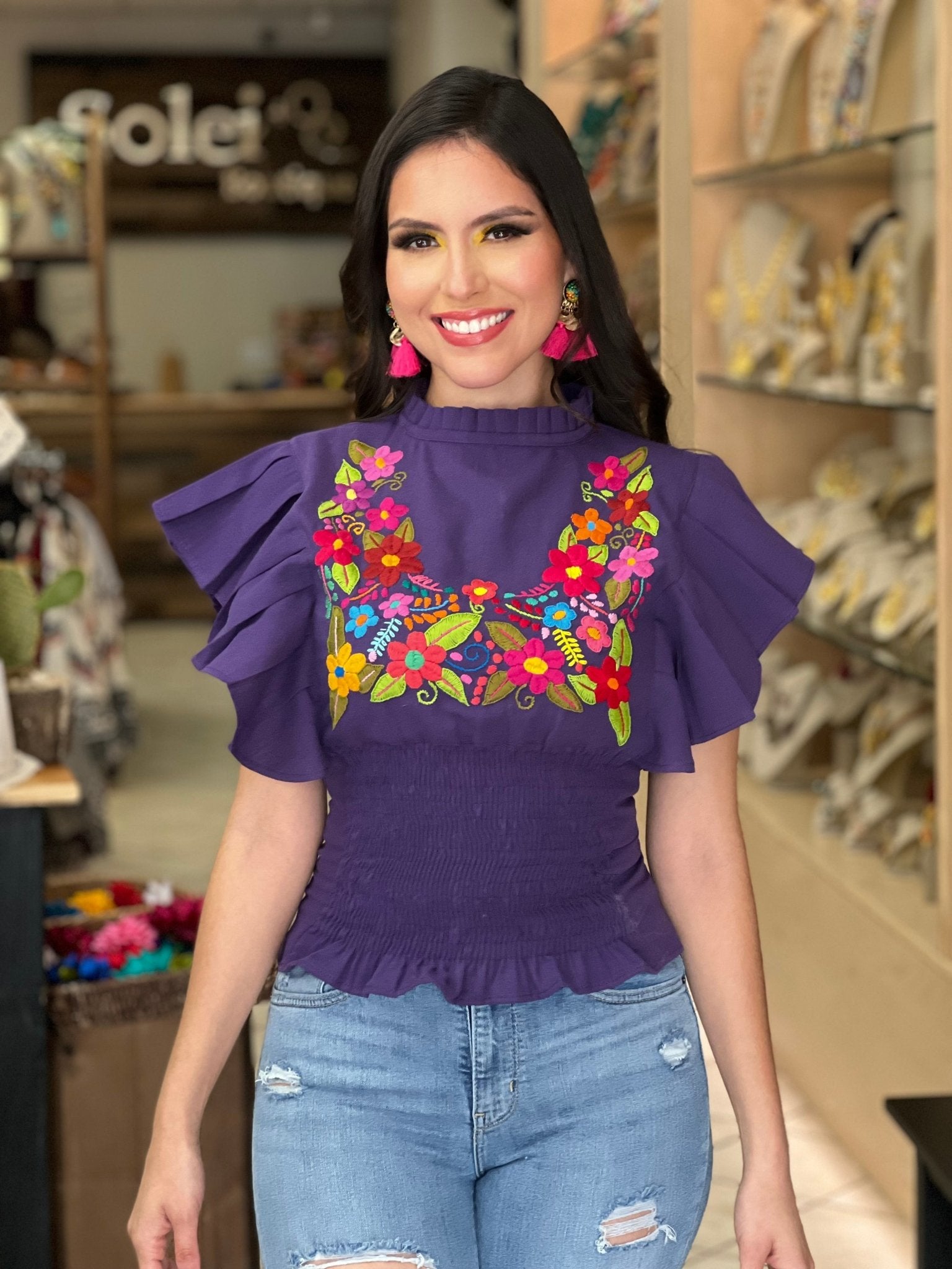 Floral Embroidered Butterfly Sleeve Top. Ursula Blouse. - Solei Store