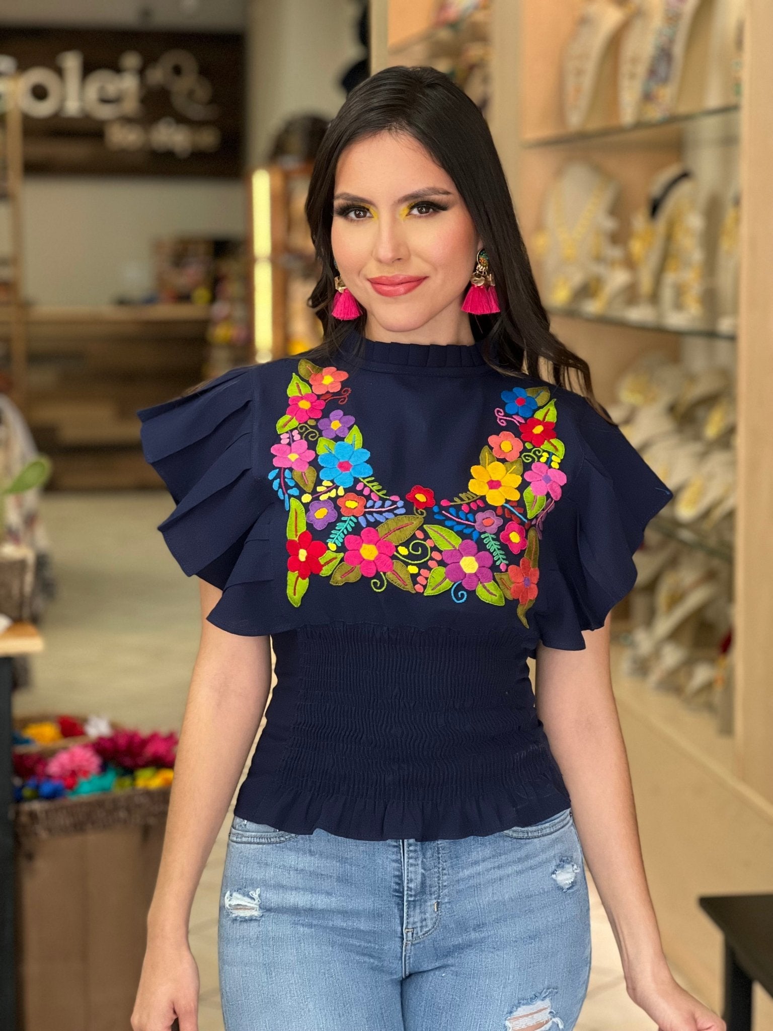 Floral Embroidered Butterfly Sleeve Top. Ursula Blouse. - Solei Store