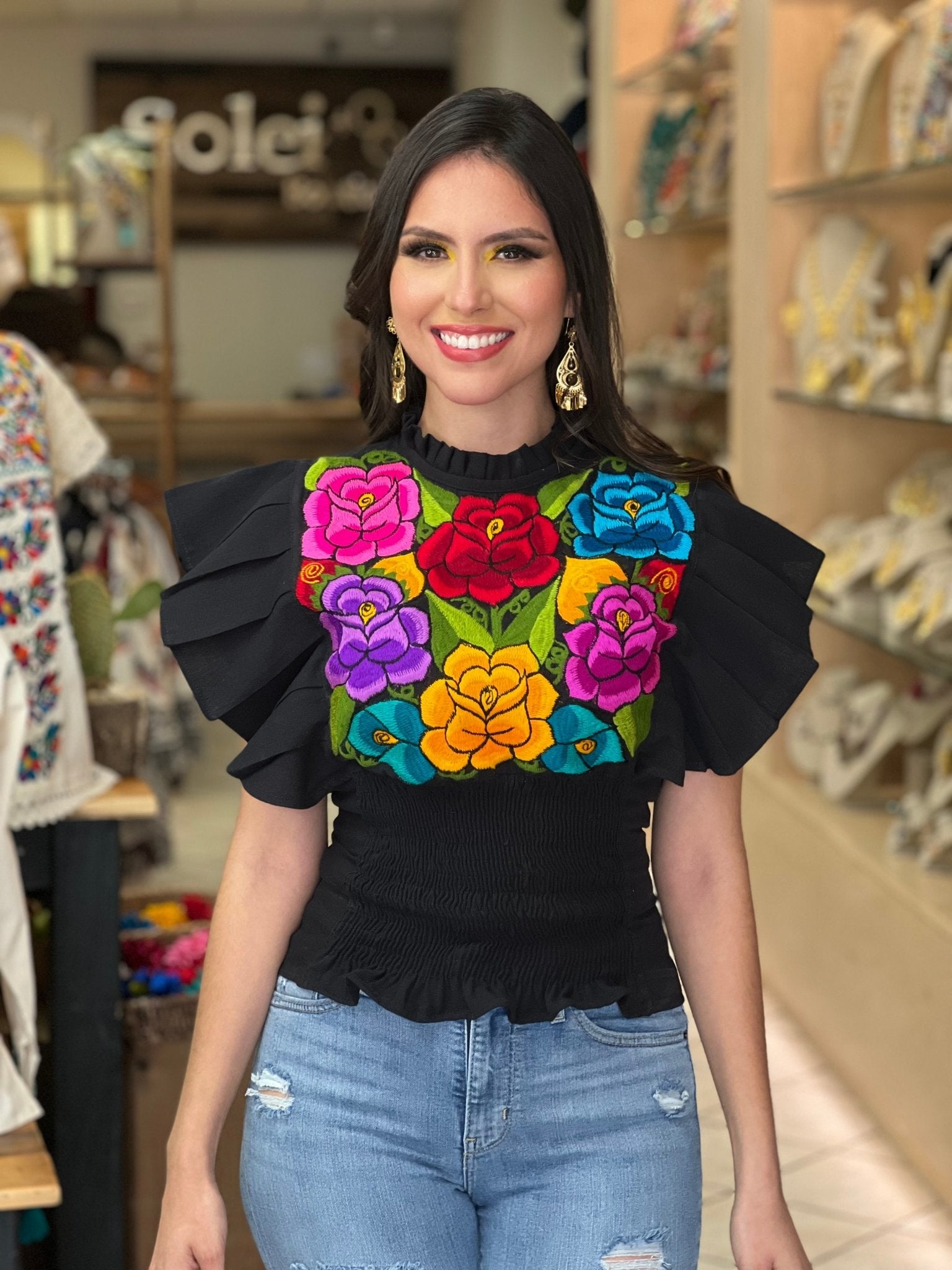 Floral Embroidered Butterfly Sleeve Top. Ursula Zinacatan Blouse. - Solei Store