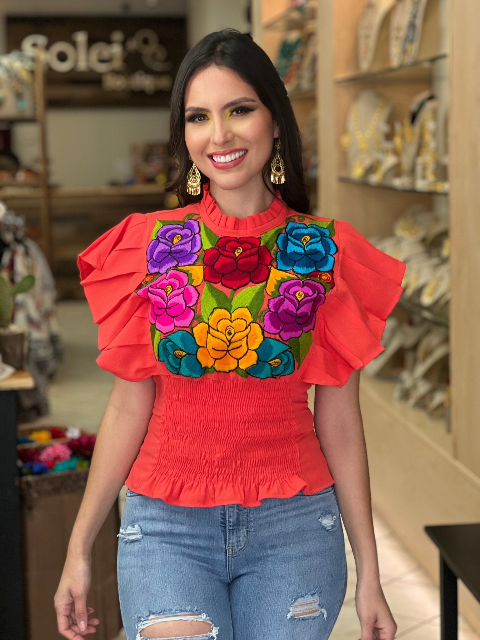 Floral Embroidered Butterfly Sleeve Top. Ursula Zinacatan Blouse. - Solei Store