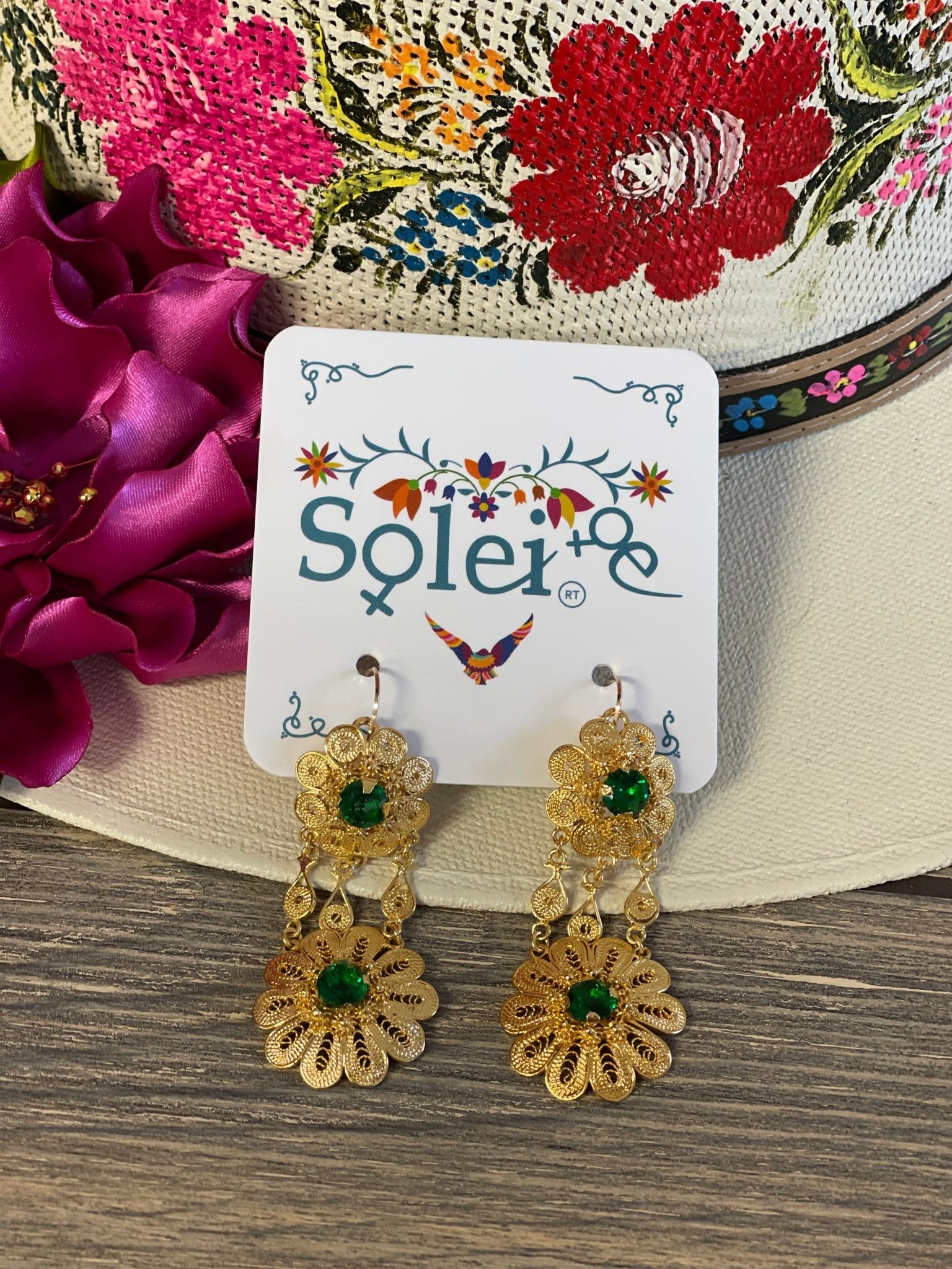 Floral Filigree Earrings with Zirconia. Aretes Doble Girasol. - Solei Store