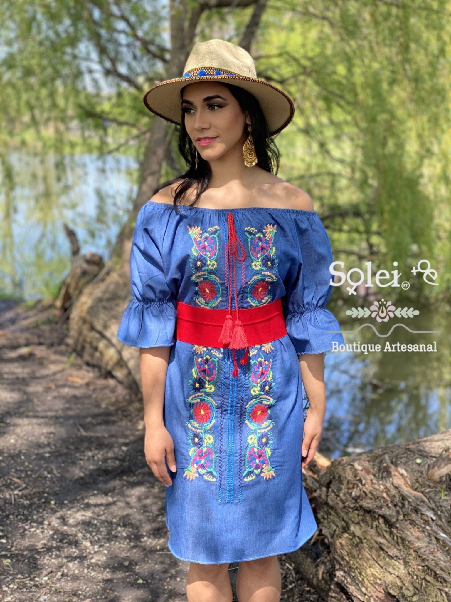 Floral Jeans Dress. Floral Embroidered Dress. Off the Shoulder Dress. Belt Included. - Solei Store