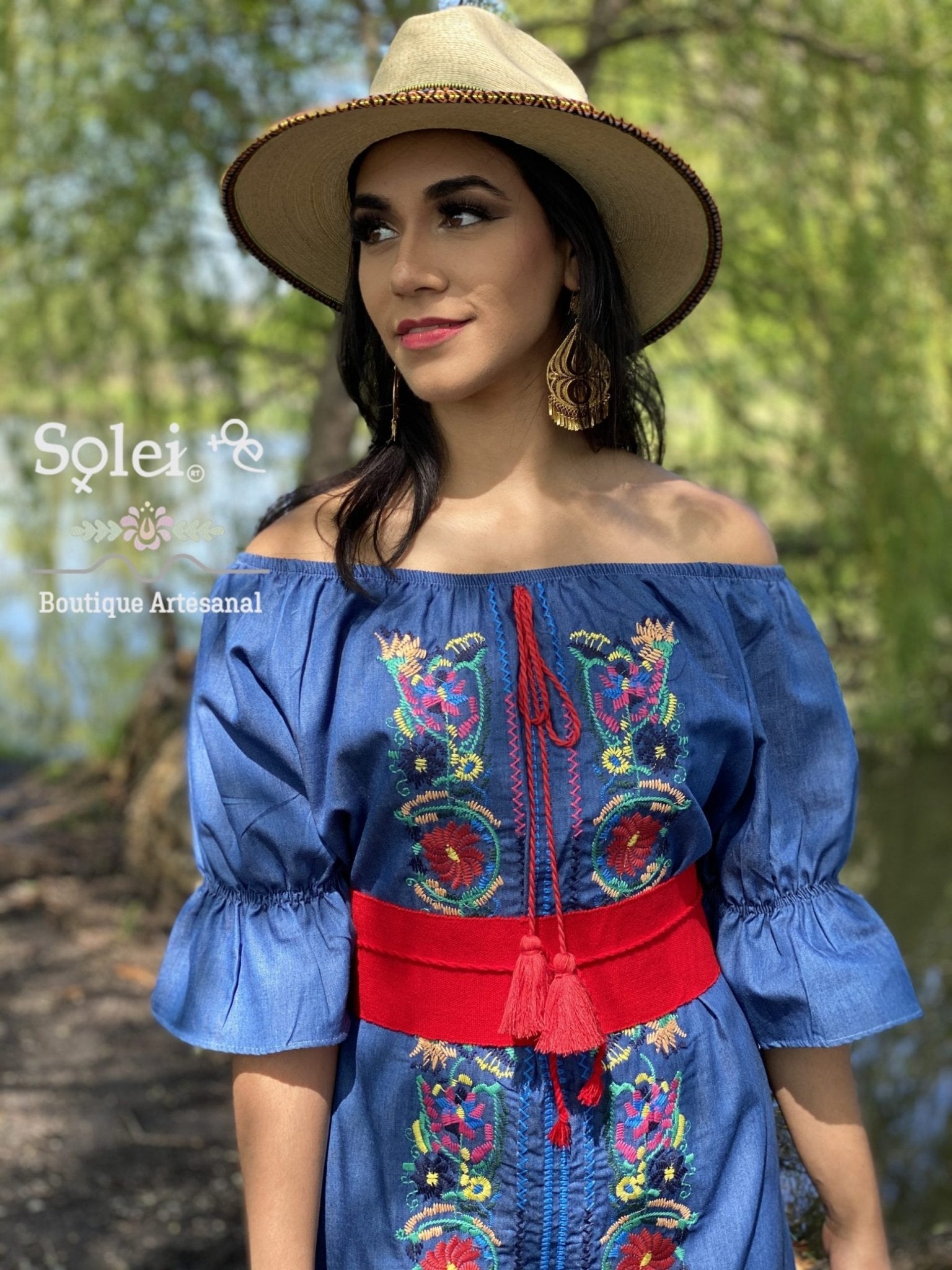 Floral Jeans Dress. Floral Embroidered Dress. Off the Shoulder Dress. Belt Included. - Solei Store