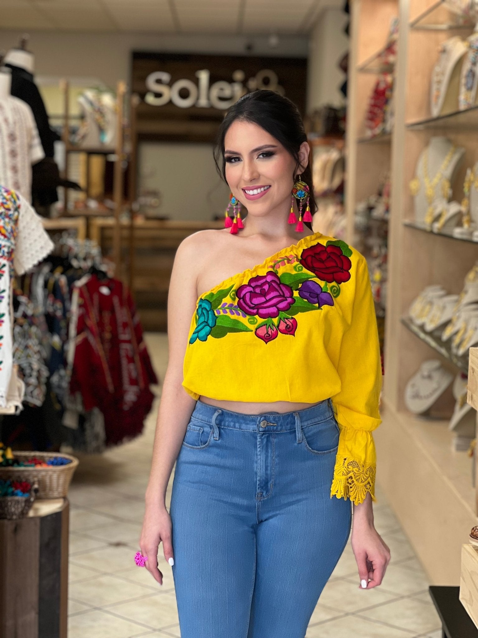 Floral One Shoulder Artisanal Crop Top. Mexican Embroidered Top. Zulema Deluxe Crop Top. - Solei Store