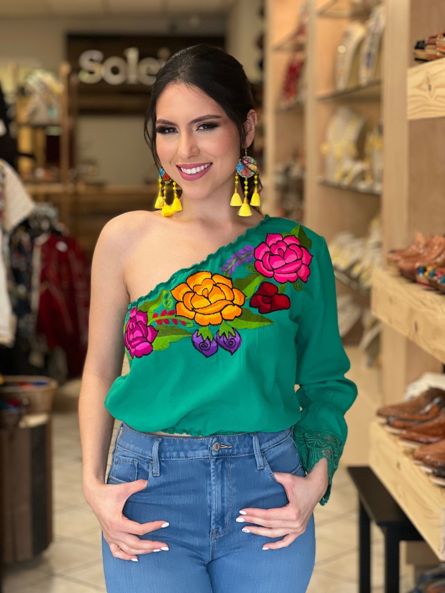 Floral One Shoulder Artisanal Crop Top. Mexican Embroidered Top. Zulema Deluxe Crop Top. - Solei Store