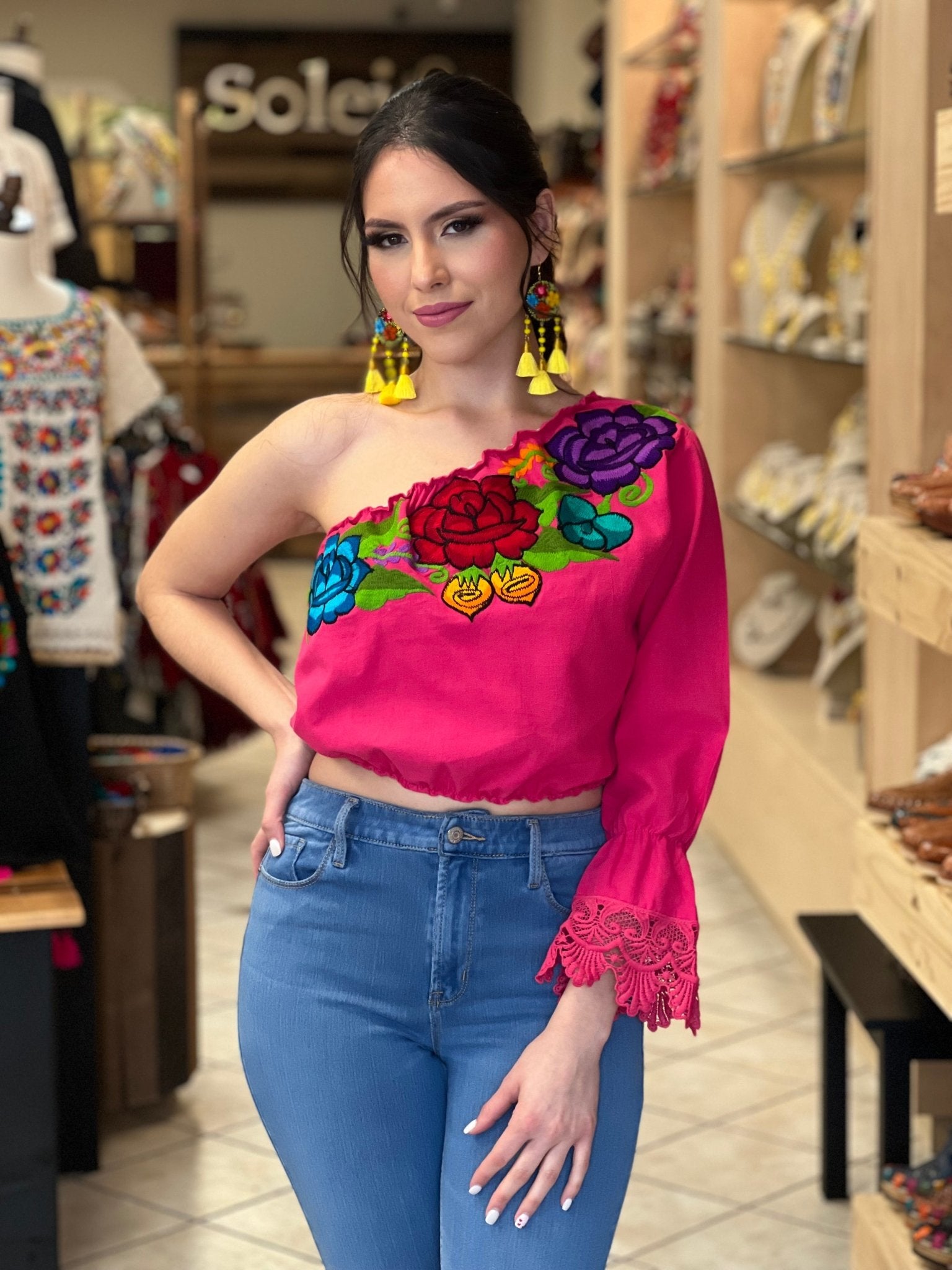 Floral One Shoulder Artisanal Crop Top. Mexican Embroidered Top. Zulema Deluxe Crop Top. - Solei Store