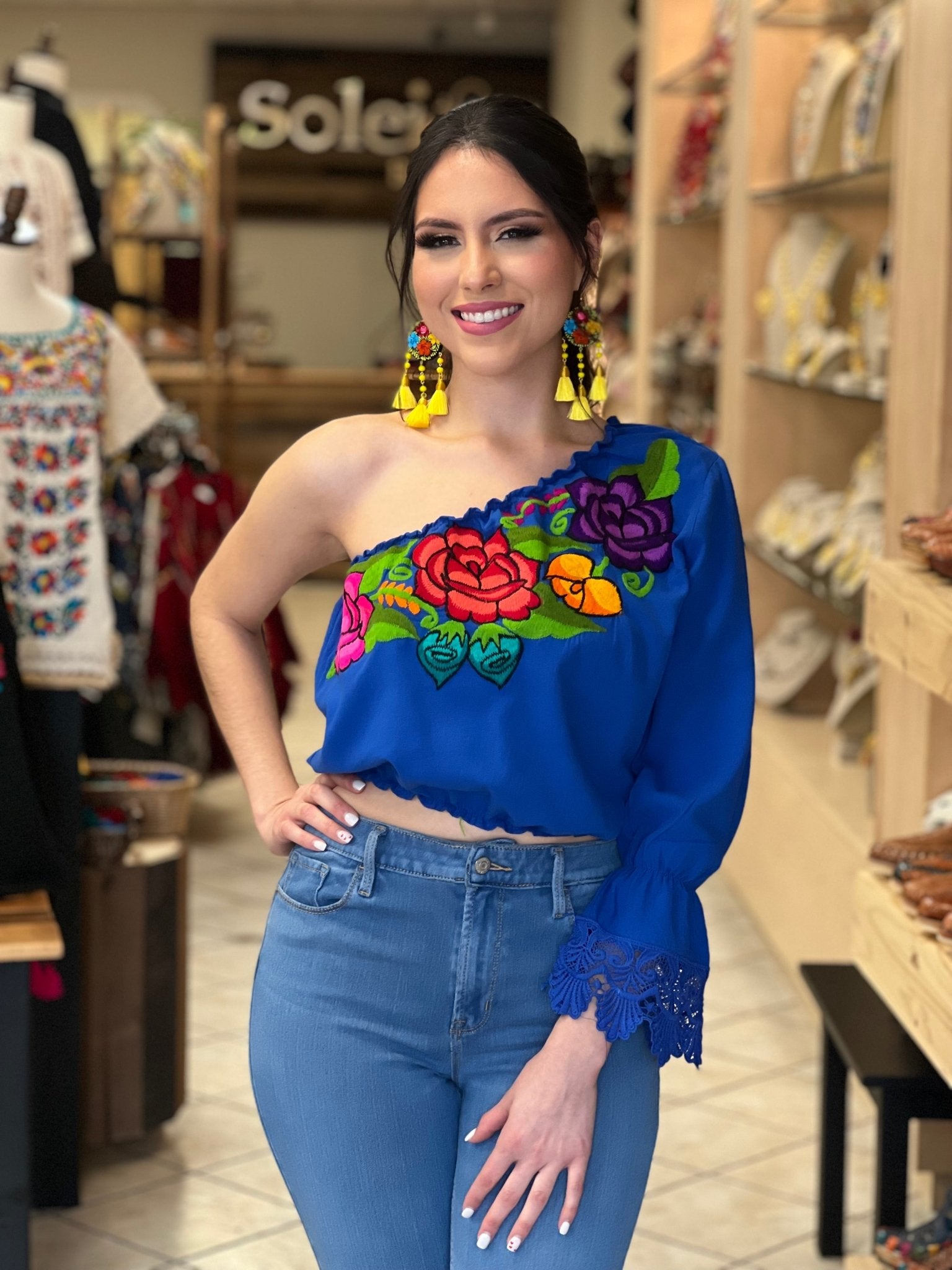 Floral One Shoulder Artisanal Crop Top. Mexican Embroidered Top. Zulema Deluxe Crop Top. - Solei Store